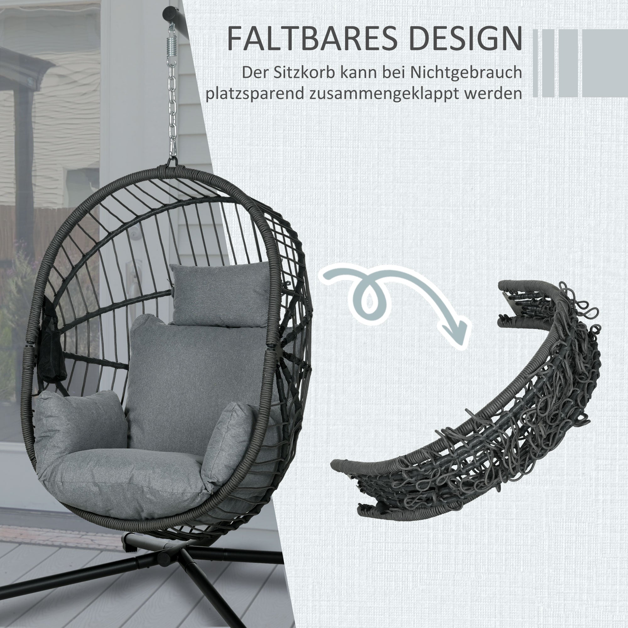 Hanging Chair with Stand, Egg-shaped Hanging Swing with Removable Cushion, Cup Holder, Foldable Hammock for Outdoor Hanging Chair Indoor Outdoor, Patio, Garden, Gray