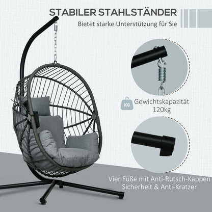 Hanging Chair with Stand, Egg-shaped Hanging Swing with Removable Cushion, Cup Holder, Foldable Hammock for Outdoor Hanging Chair Indoor Outdoor, Patio, Garden, Gray