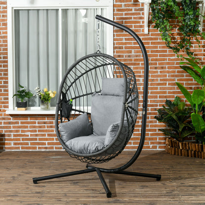 Hanging Chair with Stand, Egg-shaped Hanging Swing with Removable Cushion, Cup Holder, Foldable Hammock for Outdoor Hanging Chair Indoor Outdoor, Patio, Garden, Gray