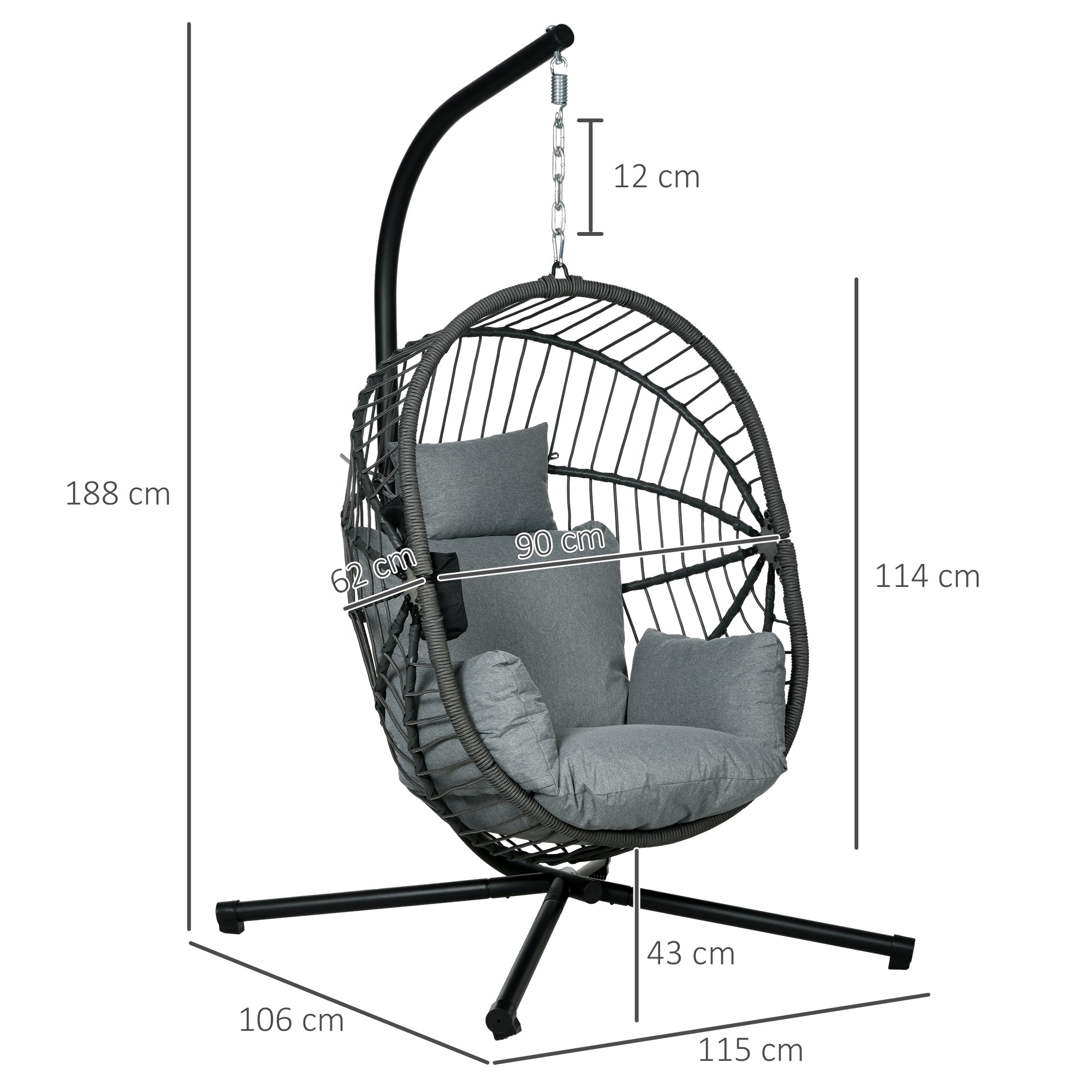 Hanging Chair with Stand, Egg-shaped Hanging Swing with Removable Cushion, Cup Holder, Foldable Hammock for Outdoor Hanging Chair Indoor Outdoor, Patio, Garden, Gray