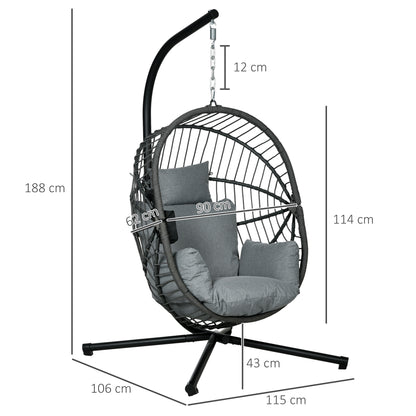 Hanging Chair with Stand, Egg-shaped Hanging Swing with Removable Cushion, Cup Holder, Foldable Hammock for Outdoor Hanging Chair Indoor Outdoor, Patio, Garden, Gray