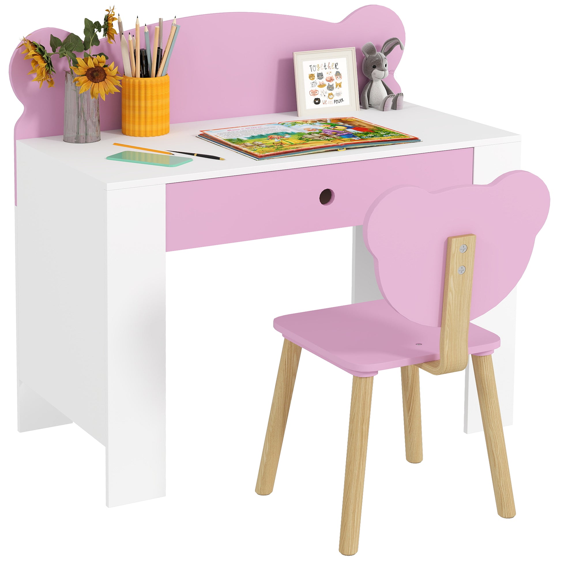 Children's Desk Set with Chair, Study Table with Drawer, Bear-Shaped Backrest, Ages 3-8 Years, Pink