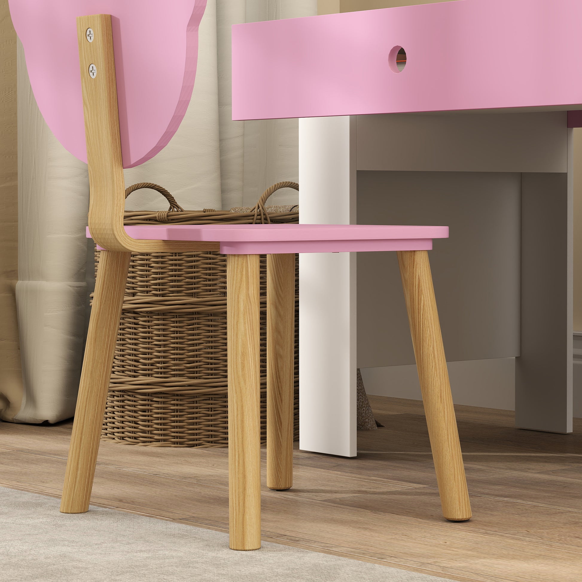 Children's Desk Set with Chair, Study Table with Drawer, Bear-Shaped Backrest, Ages 3-8 Years, Pink