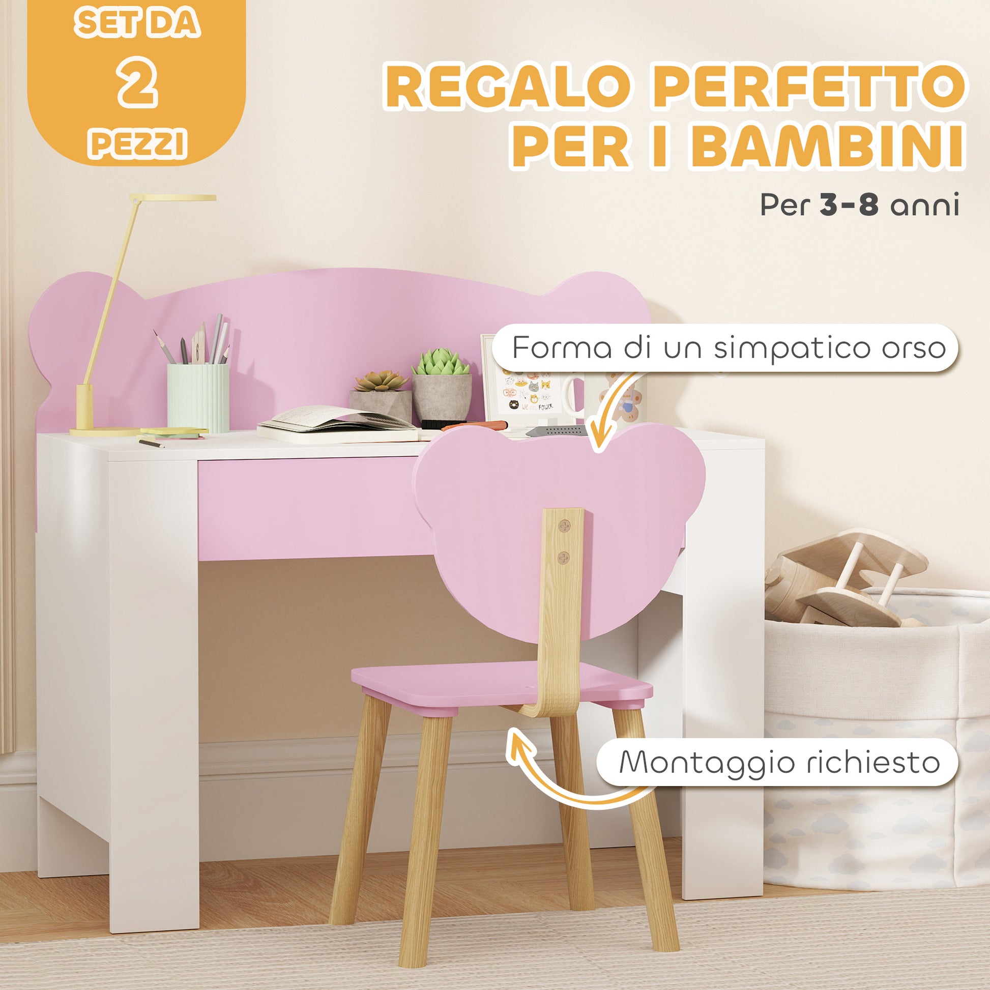 Children's Desk Set with Chair, Study Table with Drawer, Bear-Shaped Backrest, Ages 3-8 Years, Pink