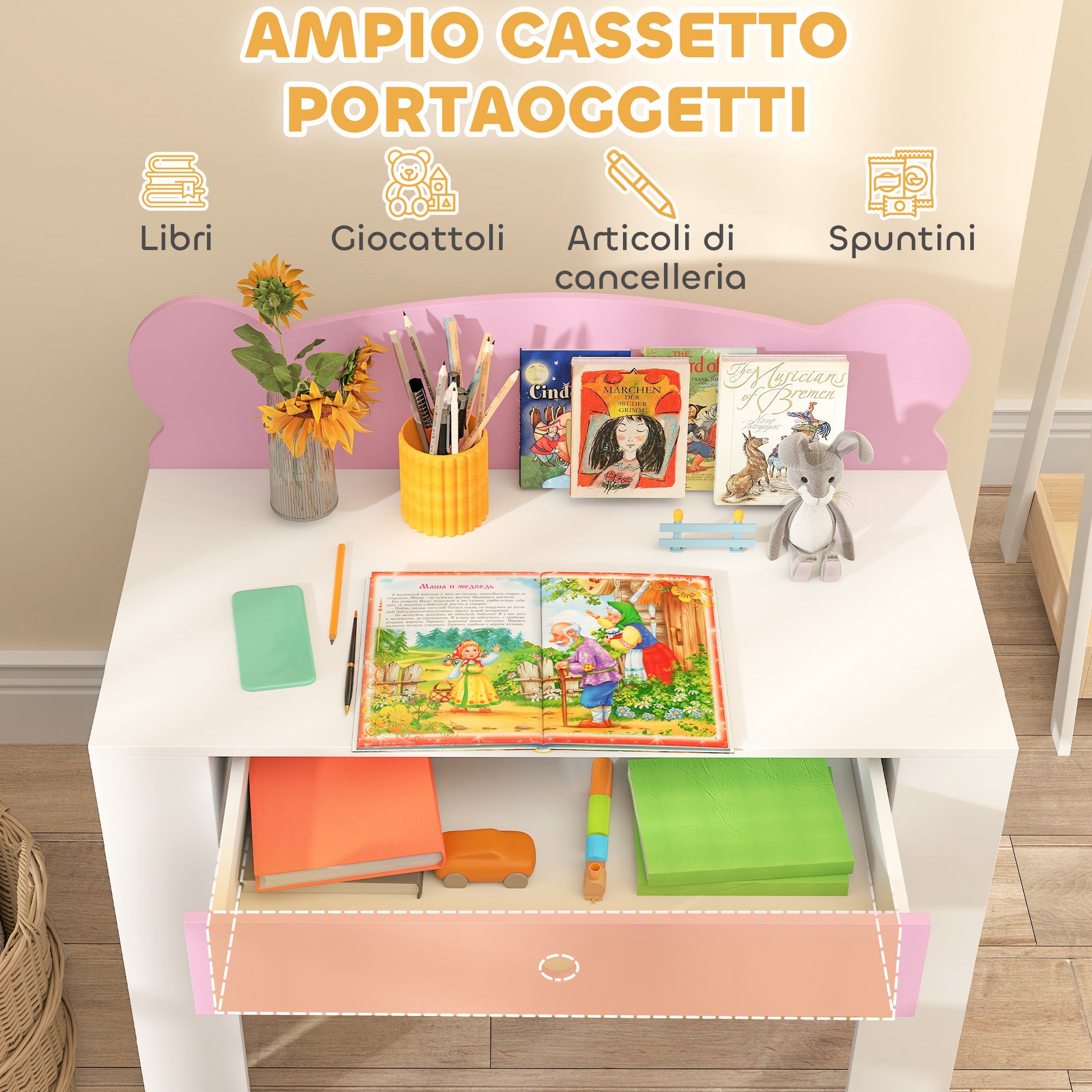 Children's Desk Set with Chair, Study Table with Drawer, Bear-Shaped Backrest, Ages 3-8 Years, Pink
