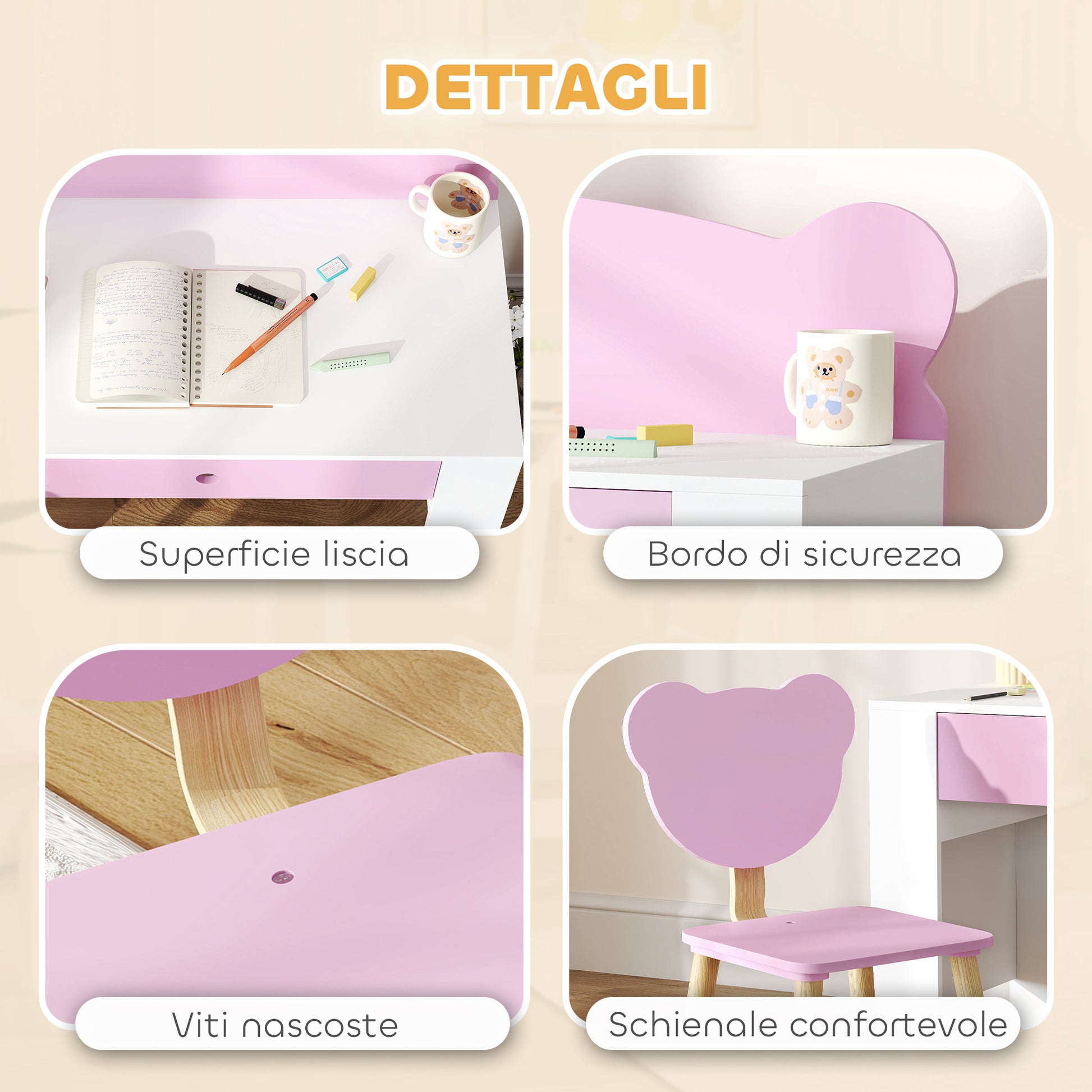Children's Desk Set with Chair, Study Table with Drawer, Bear-Shaped Backrest, Ages 3-8 Years, Pink
