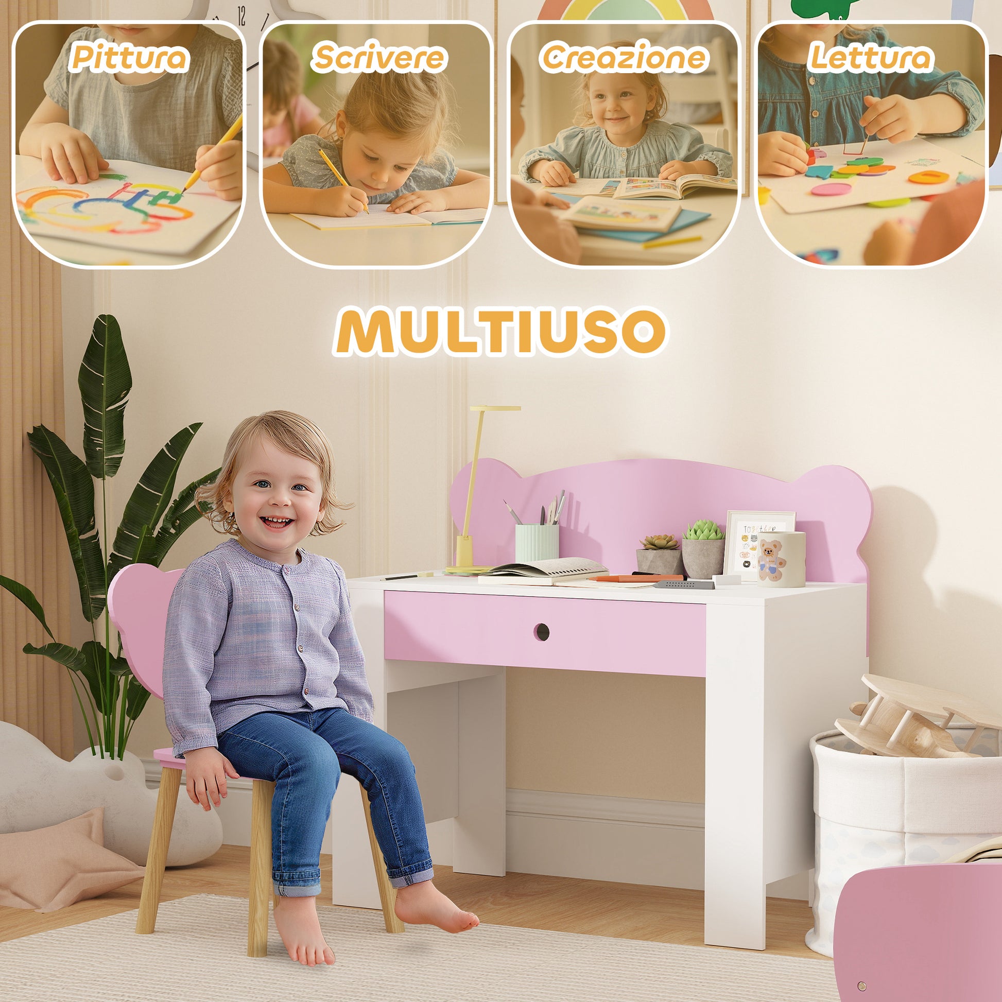 Children's Desk Set with Chair, Study Table with Drawer, Bear-Shaped Backrest, Ages 3-8 Years, Pink