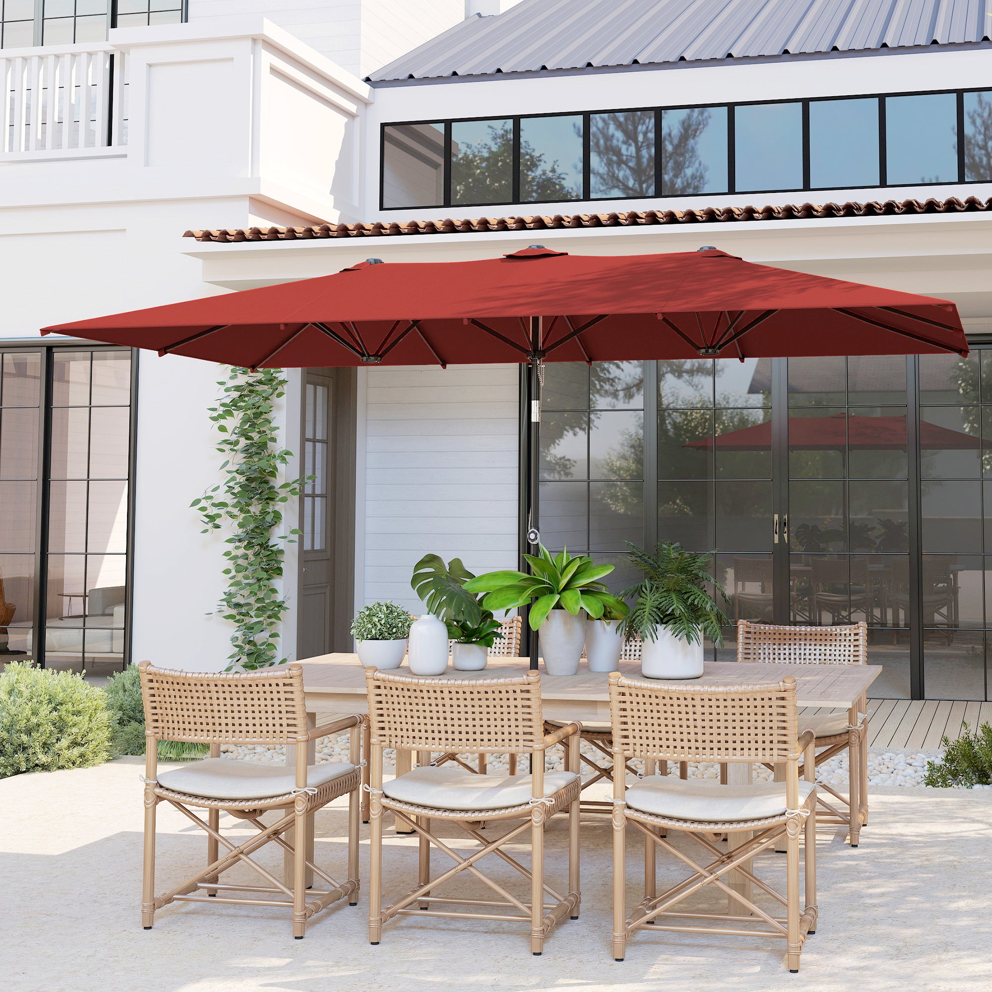 Double Rectangular Patio Umbrella, 5' x 9.7' (59" x 116"), Adjustable Height & Tilt, Wine Red