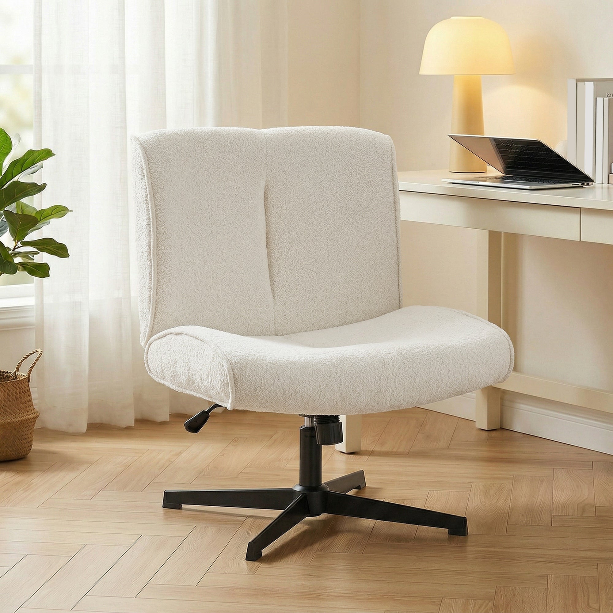 Velvet-Style Swivel Lounge Chair — Height-Adjustable Padded Reading Chair with Cross-Leg Steel Base, Cream White