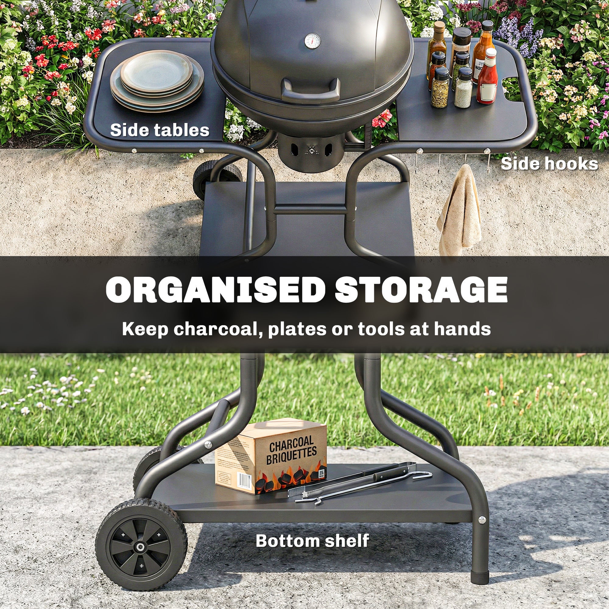 Charcoal Kettle Grill with Side Tables, Lid Thermometer & Wheels — 50.8 x 25.0 x 41.9 in (129 x 63.5 x 106.5 cm)