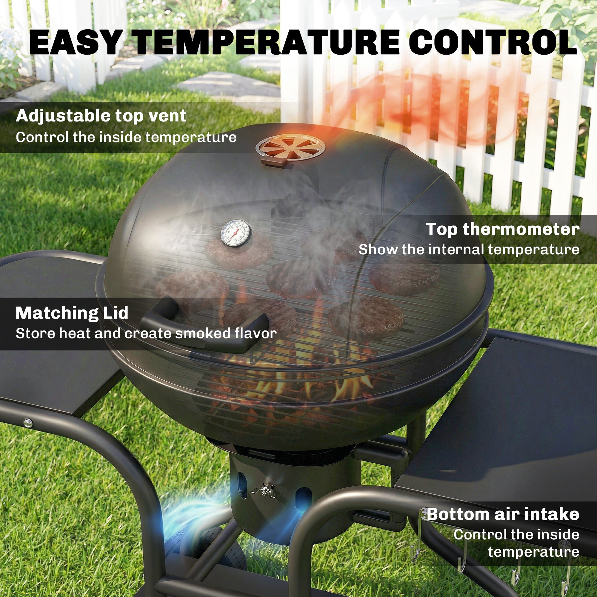 Charcoal Kettle Grill with Side Tables, Lid Thermometer & Wheels — 50.8 x 25.0 x 41.9 in (129 x 63.5 x 106.5 cm)