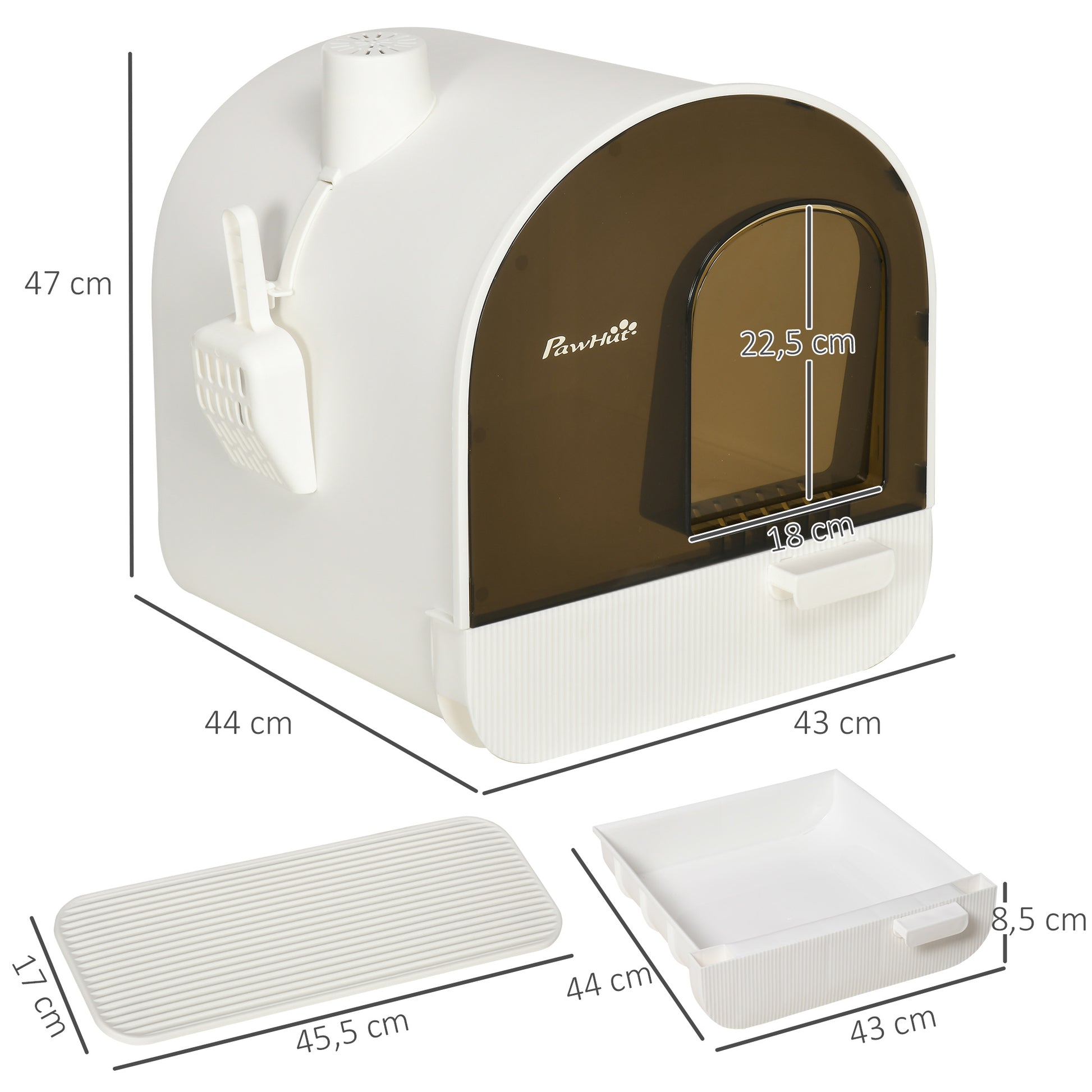 Cat Litter Box with Lid, Cat Toilet incl. Scoop and Litter Mat, Pull-Out Tray, Cat Litter Box for large cats, White+Black, 43 x 44 x 47 cm