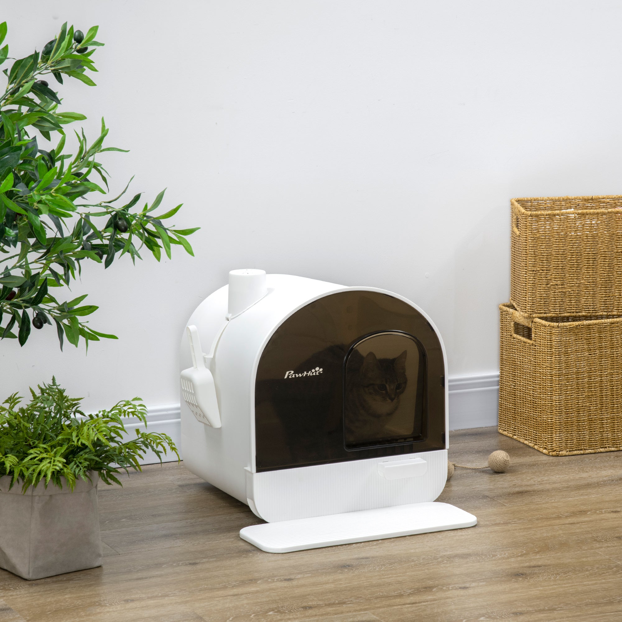 Cat Litter Box with Lid, Cat Toilet incl. Scoop and Litter Mat, Pull-Out Tray, Cat Litter Box for large cats, White+Black, 43 x 44 x 47 cm