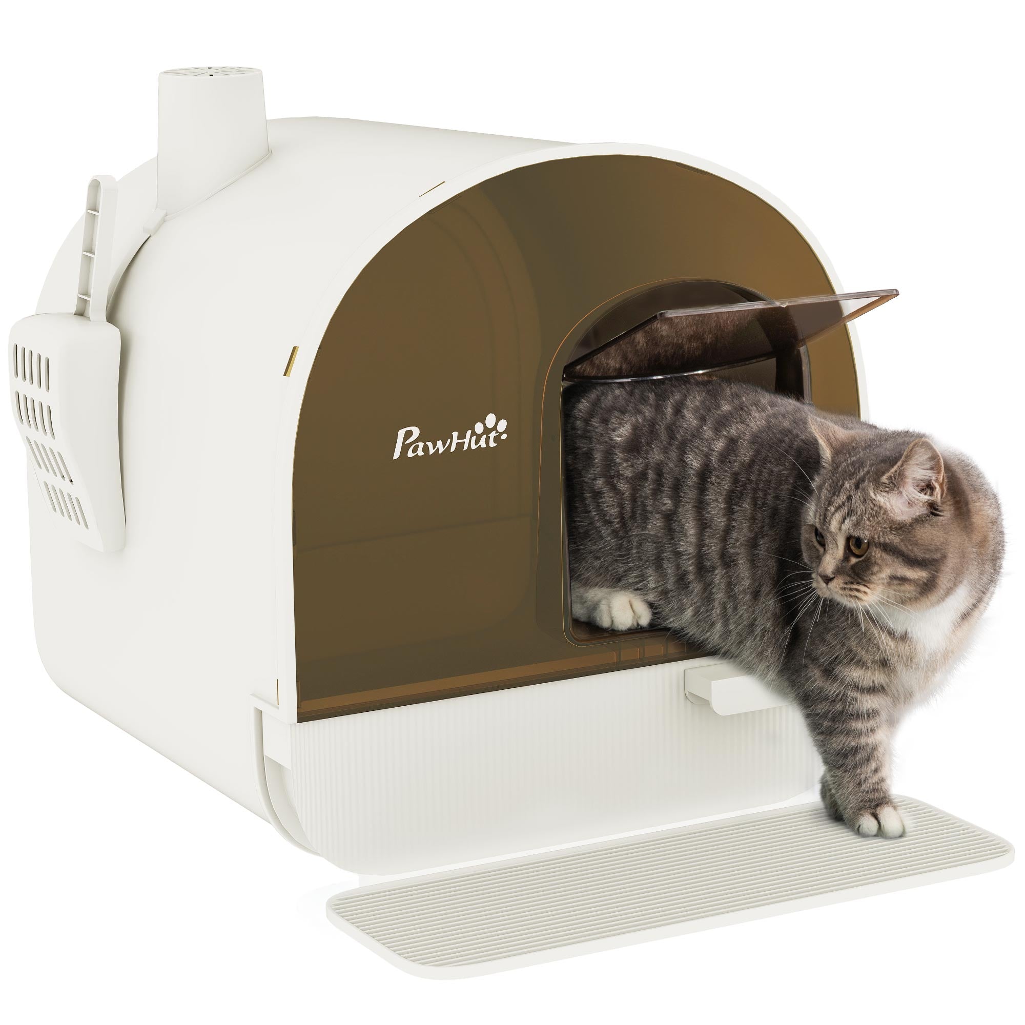 Cat Litter Box with Lid, Cat Toilet incl. Scoop and Litter Mat, Pull-Out Tray, Cat Litter Box for large cats, White+Black, 43 x 44 x 47 cm