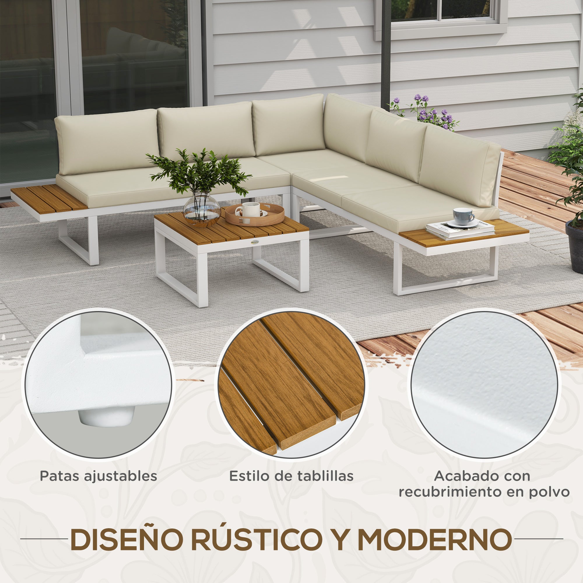 4-Piece Outdoor Garden Furniture Set Patio Furniture Set Includes 2 Double Sofas 1 Reclining Corner Sofa and Coffee Table with Cushions Cream