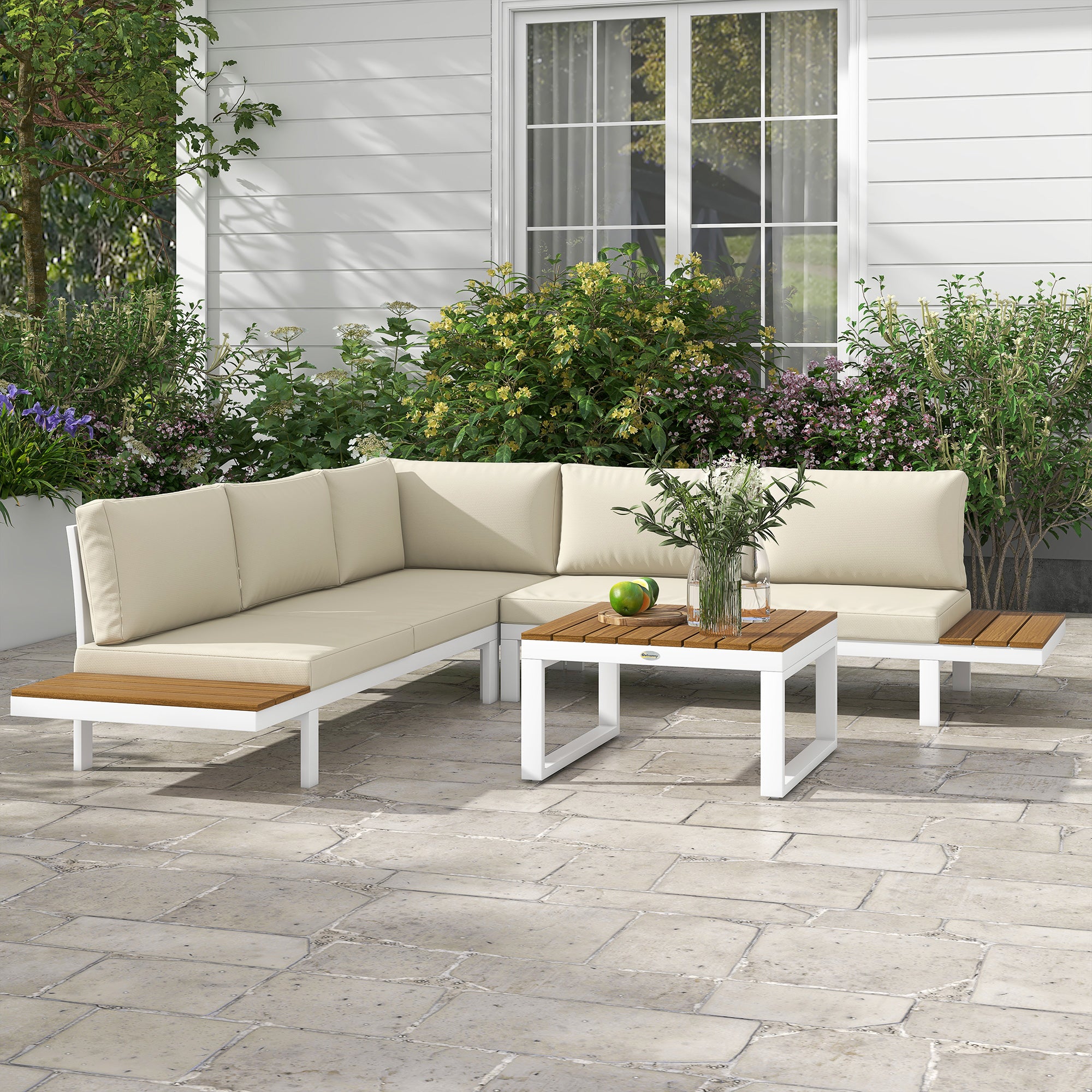 4-Piece Outdoor Garden Furniture Set Patio Furniture Set Includes 2 Double Sofas 1 Reclining Corner Sofa and Coffee Table with Cushions Cream