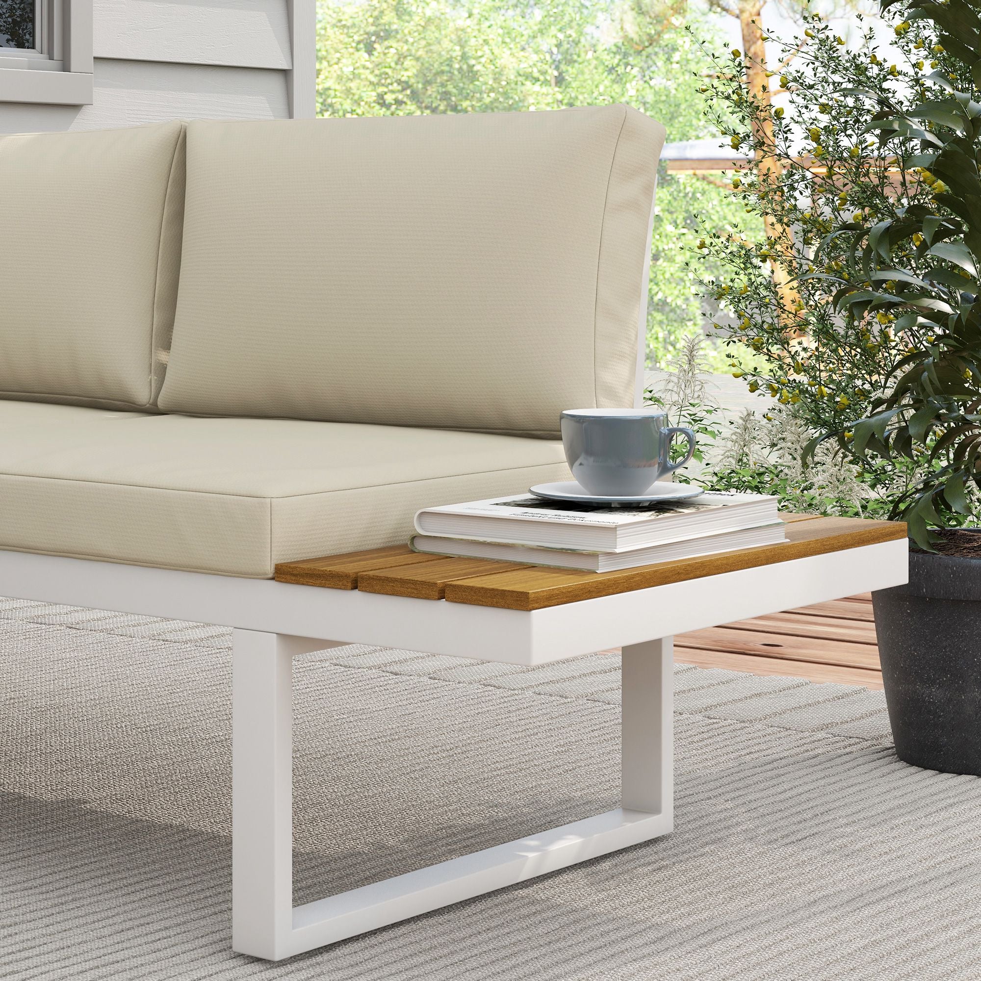 4-Piece Outdoor Garden Furniture Set Patio Furniture Set Includes 2 Double Sofas 1 Reclining Corner Sofa and Coffee Table with Cushions Cream