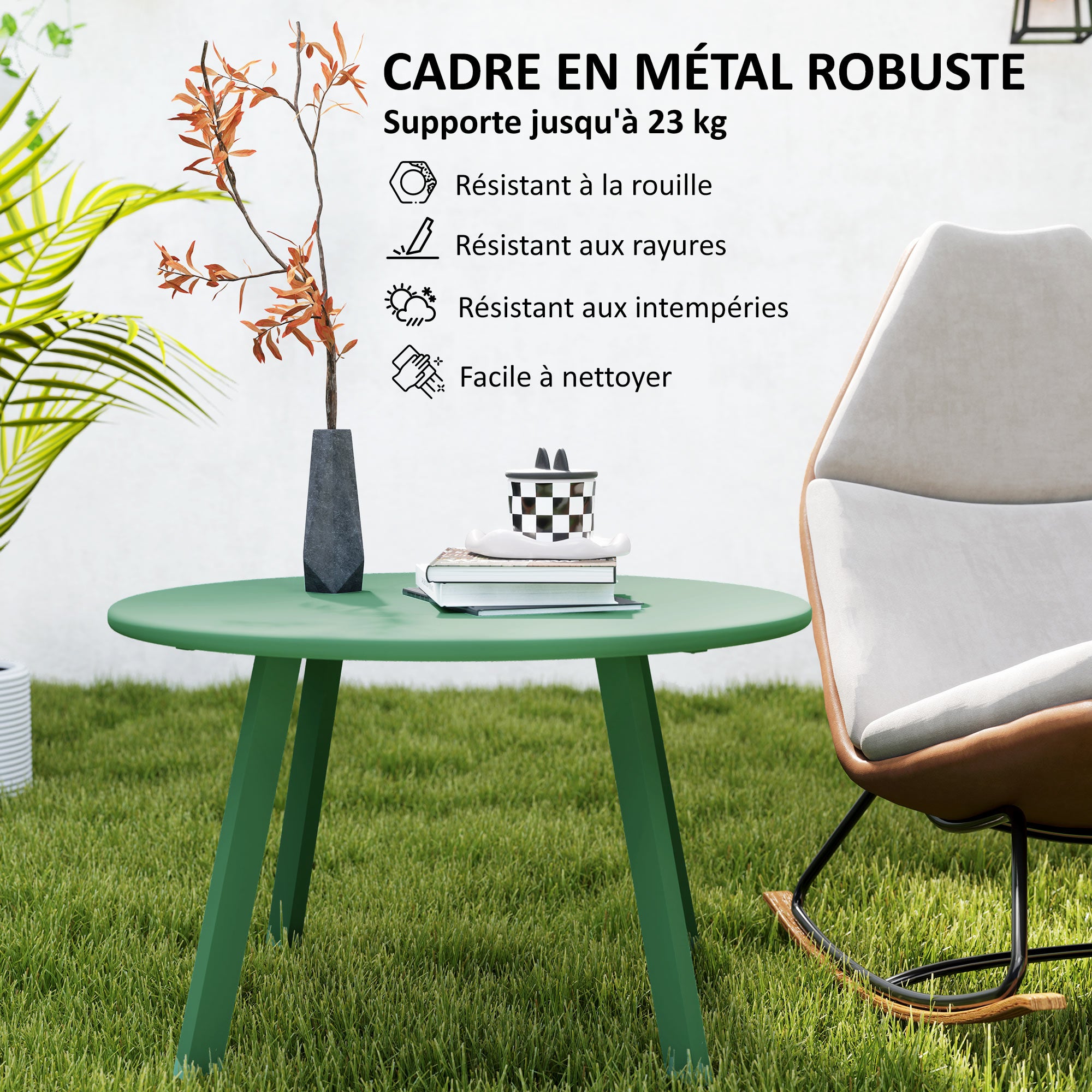 Small round coffee table, side table with non-slip pads, metal frame, for garden, balcony, terrace, living room, Ø 70 x 42 cm, green