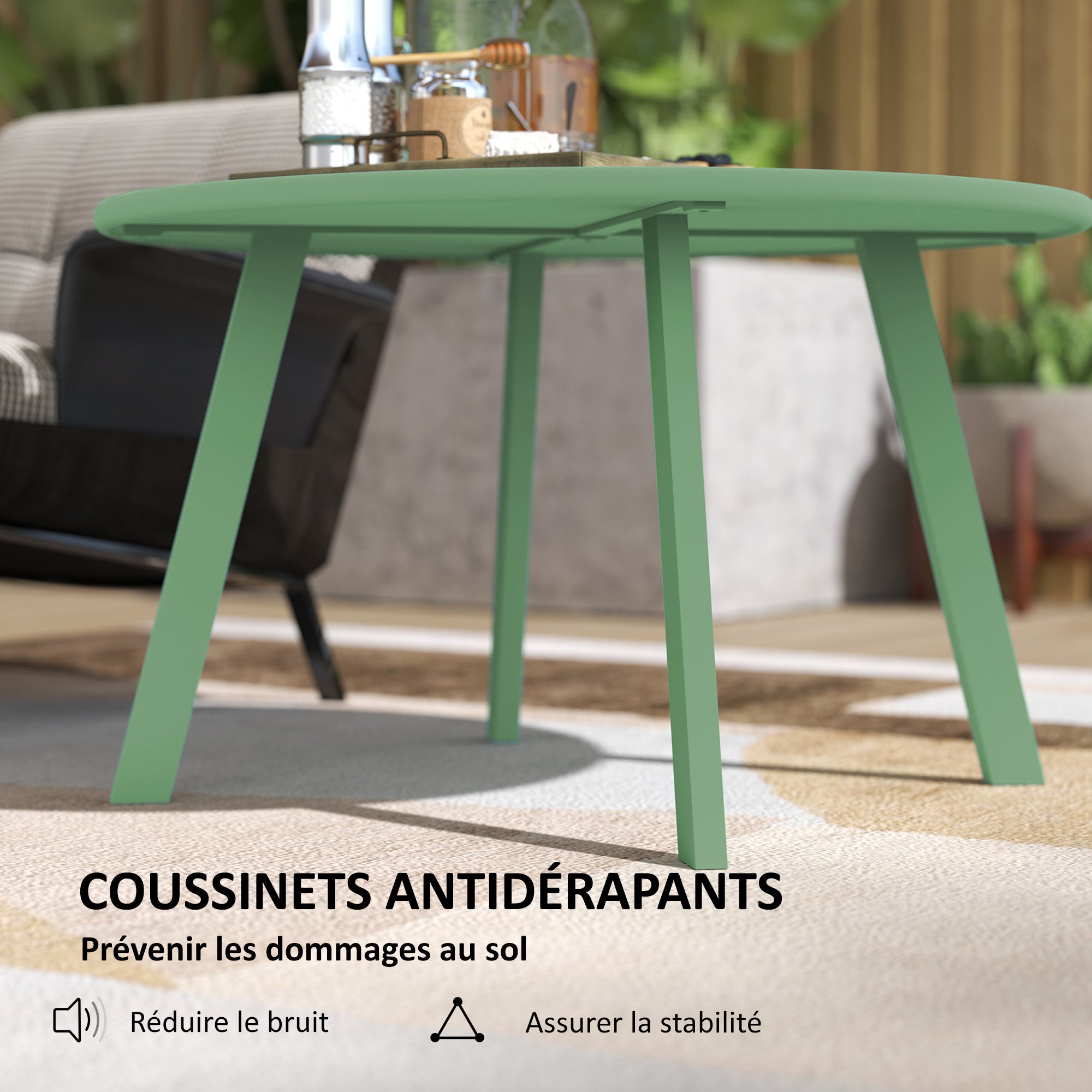 Small round coffee table, side table with non-slip pads, metal frame, for garden, balcony, terrace, living room, Ø 70 x 42 cm, green
