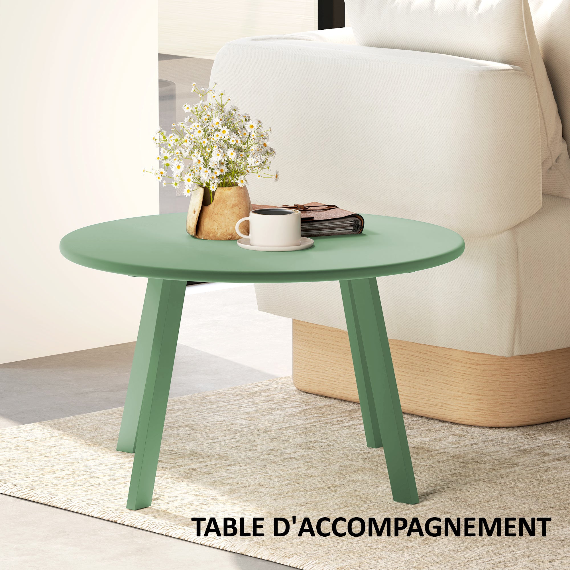 Small round coffee table, side table with non-slip pads, metal frame, for garden, balcony, terrace, living room, Ø 70 x 42 cm, green