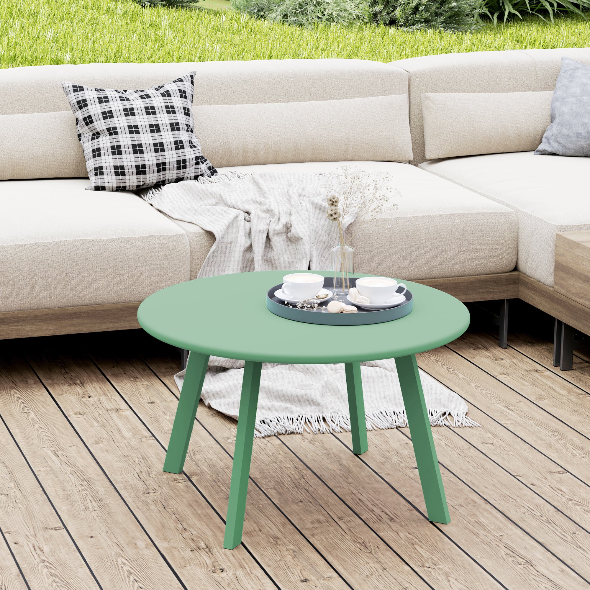 Small round coffee table, side table with non-slip pads, metal frame, for garden, balcony, terrace, living room, Ø 70 x 42 cm, green