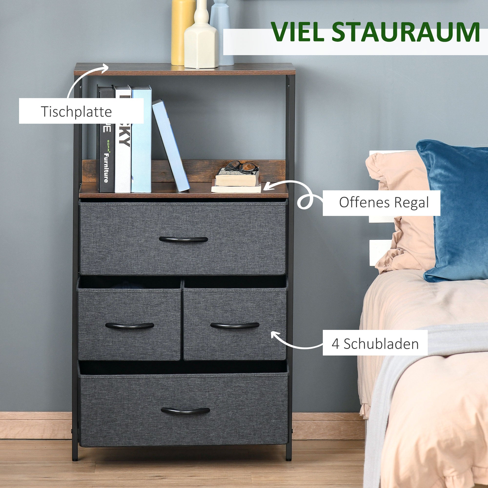 Drawer Chest with 4 Linen Drawers Storage Cabinet Chest of Drawers with Shelf Handles, Modern Design Storage Chest of Drawers for Bedroom, Living Room Black