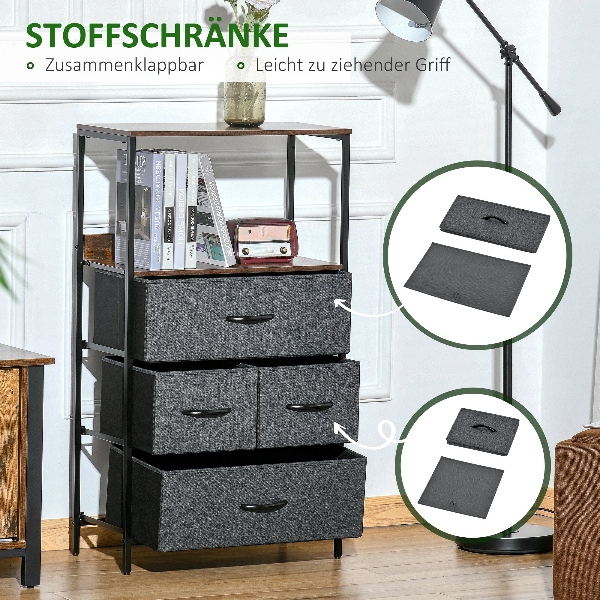 Drawer Chest with 4 Linen Drawers Storage Cabinet Chest of Drawers with Shelf Handles, Modern Design Storage Chest of Drawers for Bedroom, Living Room Black