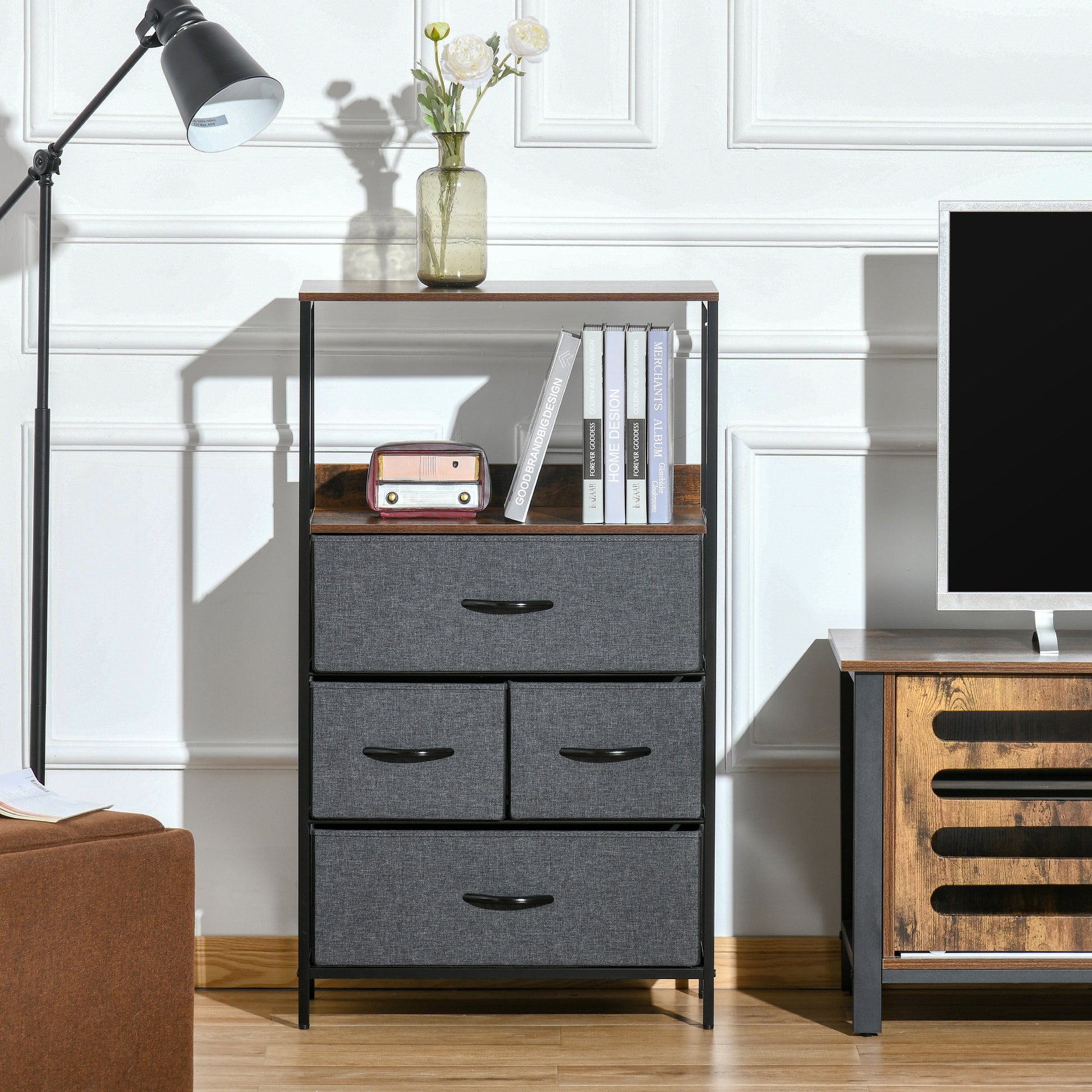 Drawer Chest with 4 Linen Drawers Storage Cabinet Chest of Drawers with Shelf Handles, Modern Design Storage Chest of Drawers for Bedroom, Living Room Black
