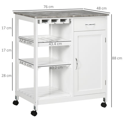 Kitchen Trolley with Wheels Serving Cart with 1 Drawer Removable Shelves Wine Rack for 4 Bottles and Cabinet for Dining Room Living Room Load 40 kg 76x48x88 cm White
