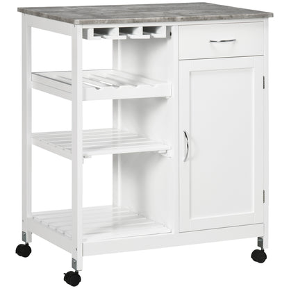 Kitchen Trolley with Wheels Serving Cart with 1 Drawer Removable Shelves Wine Rack for 4 Bottles and Cabinet for Dining Room Living Room Load 40 kg 76x48x88 cm White
