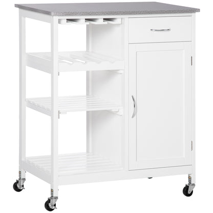 Kitchen Trolley with Wheels Serving Cart with 1 Drawer Removable Shelves Wine Rack for 4 Bottles and Cabinet for Dining Room Living Room Load 40 kg 76x48x88 cm White