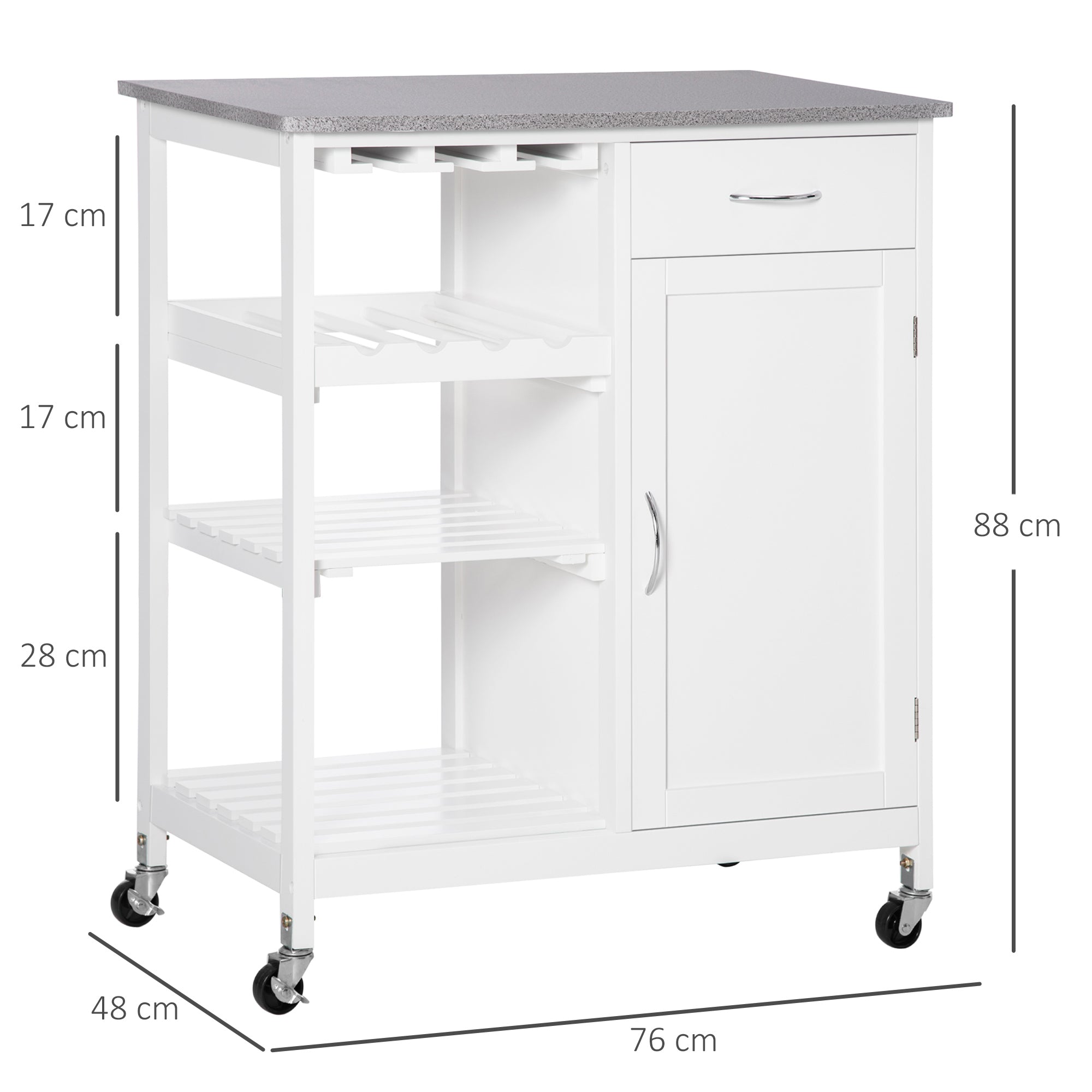 Kitchen Trolley with Wheels Serving Cart with 1 Drawer Removable Shelves Wine Rack for 4 Bottles and Cabinet for Dining Room Living Room Load 40 kg 76x48x88 cm White