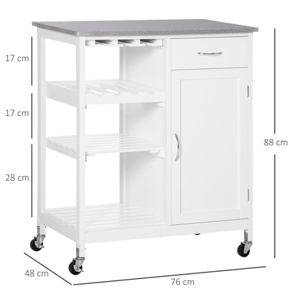 Kitchen Trolley with Wheels Serving Cart with 1 Drawer Removable Shelves Wine Rack for 4 Bottles and Cabinet for Dining Room Living Room Load 40 kg 76x48x88 cm White