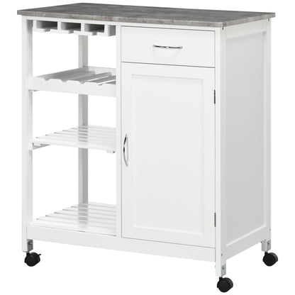 Kitchen Trolley with Wheels Serving Cart with 1 Drawer Removable Shelves Wine Rack for 4 Bottles and Cabinet for Dining Room Living Room Load 40 kg 76x48x88 cm White