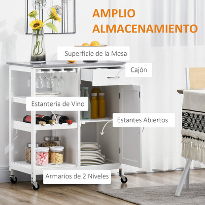 Kitchen Trolley with Wheels Serving Cart with 1 Drawer Removable Shelves Wine Rack for 4 Bottles and Cabinet for Dining Room Living Room Load 40 kg 76x48x88 cm White