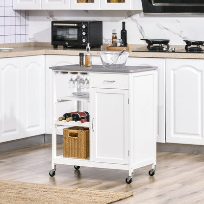 Kitchen Trolley with Wheels Serving Cart with 1 Drawer Removable Shelves Wine Rack for 4 Bottles and Cabinet for Dining Room Living Room Load 40 kg 76x48x88 cm White