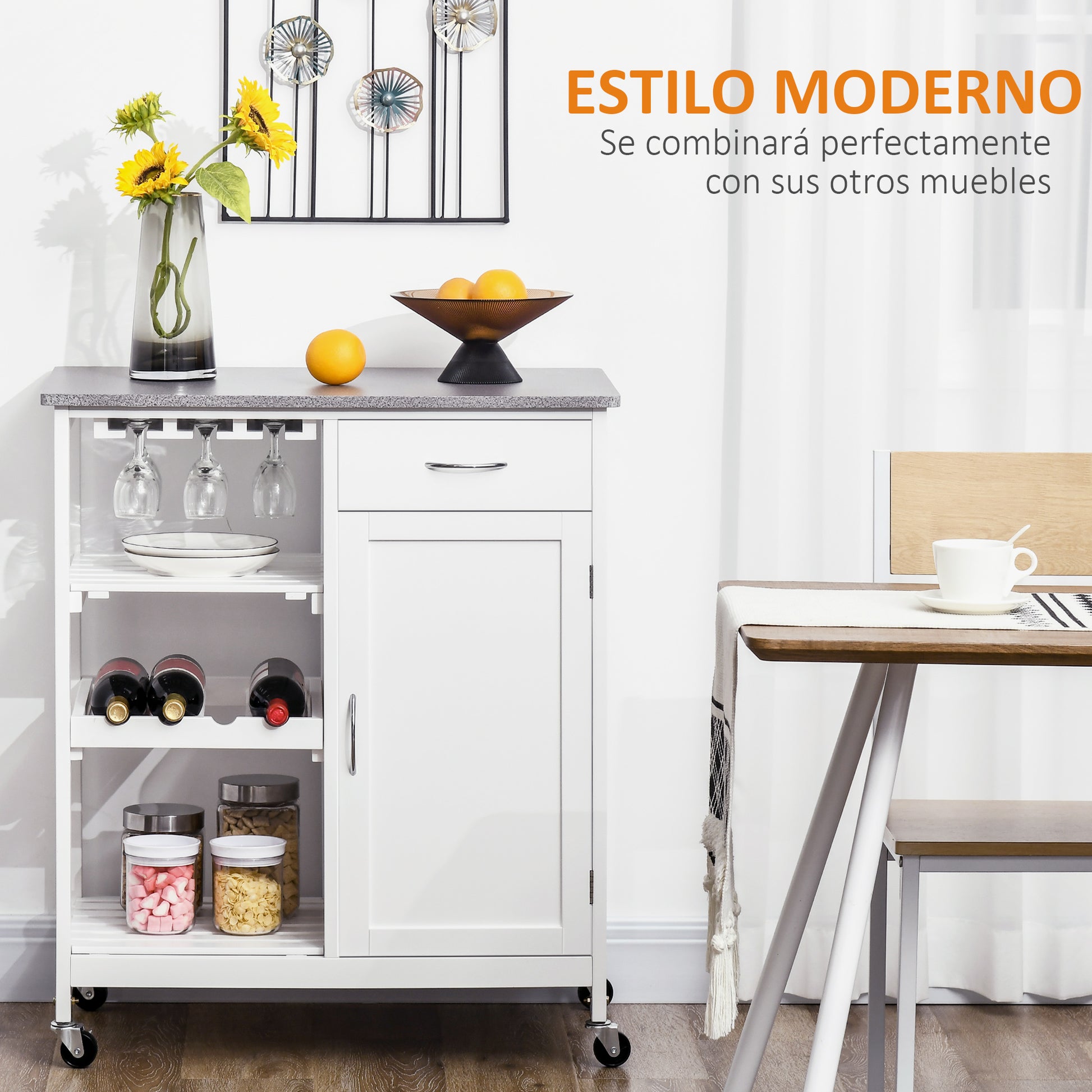Kitchen Trolley with Wheels Serving Cart with 1 Drawer Removable Shelves Wine Rack for 4 Bottles and Cabinet for Dining Room Living Room Load 40 kg 76x48x88 cm White