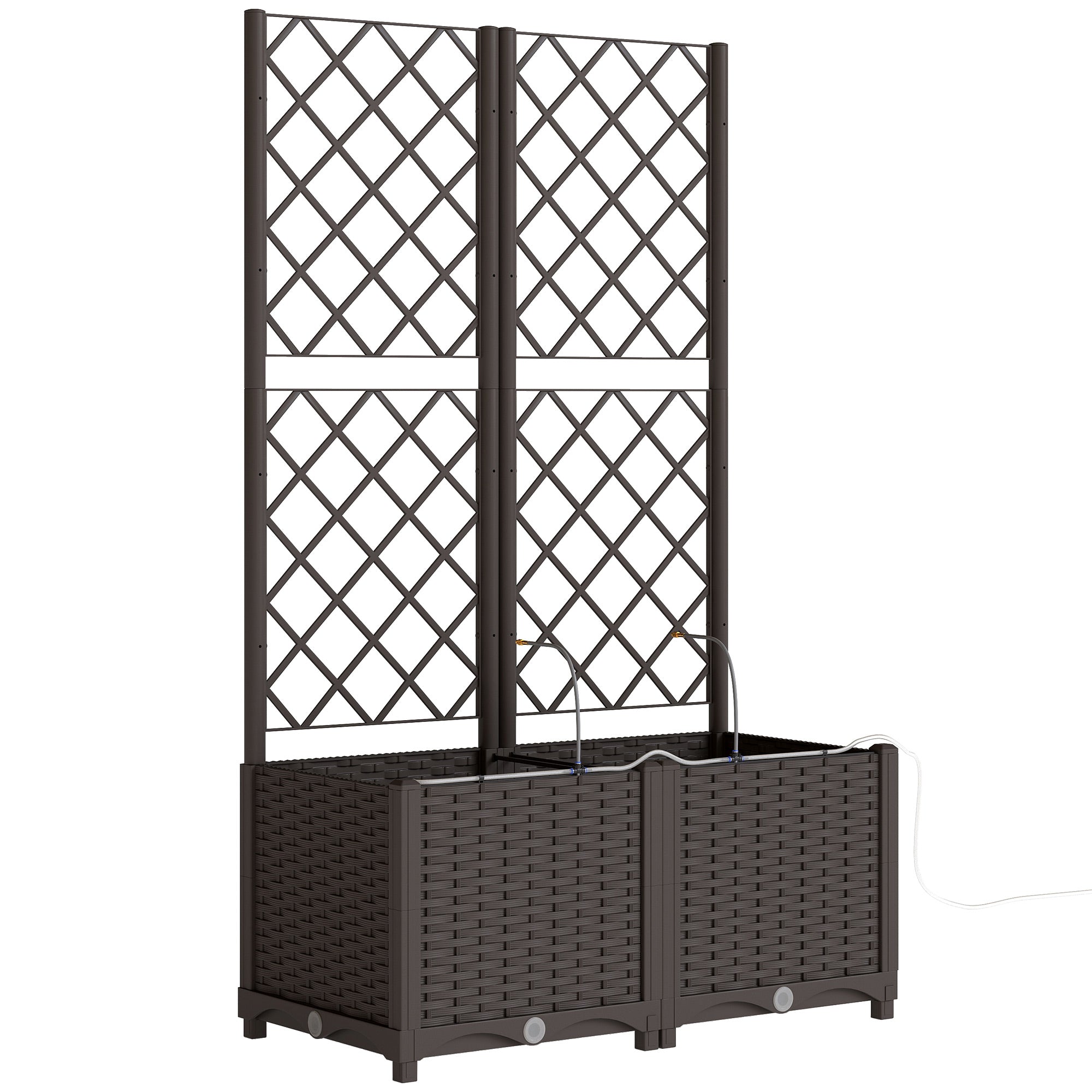 Set of 2 Trellises with Planter Box — Drainage Hole & Water Timer Irrigation System, 31.5 x 15.7 x 53.5 in Raised Planter with Trellis for Garden & Balcony, Brown