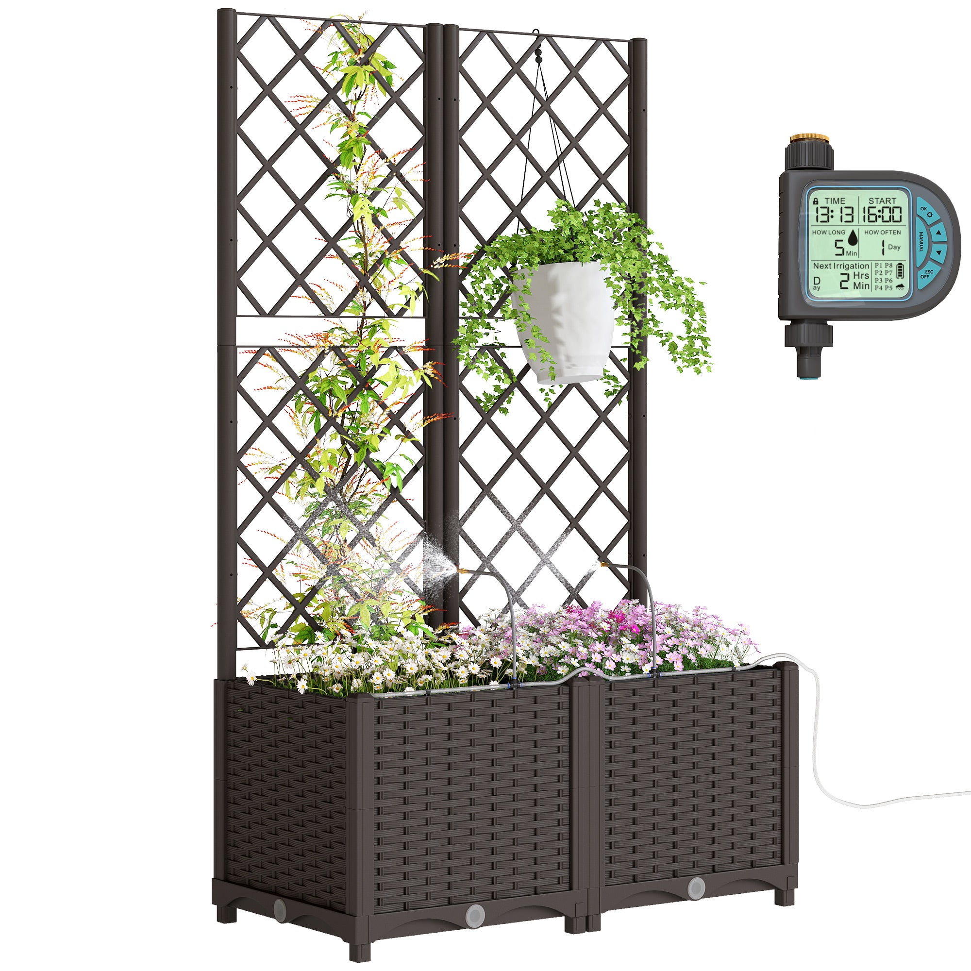 Set of 2 Trellises with Planter Box — Drainage Hole & Water Timer Irrigation System, 31.5 x 15.7 x 53.5 in Raised Planter with Trellis for Garden & Balcony, Brown