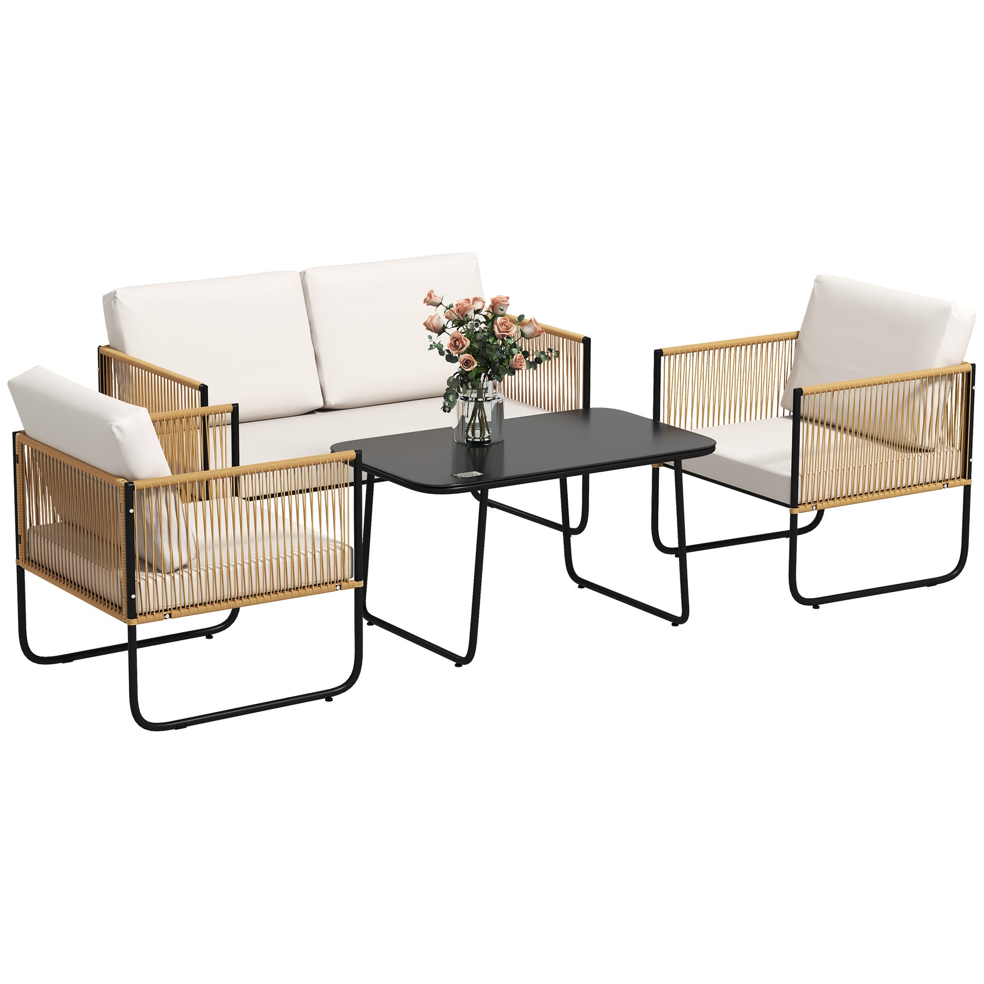 Outdoor 4-Person Garden Set, Balcony Rattan Lounge with 2-Seater Sofa, Armchairs, Tempered Glass Coffee Table, Removable Cushions Included, Cream
