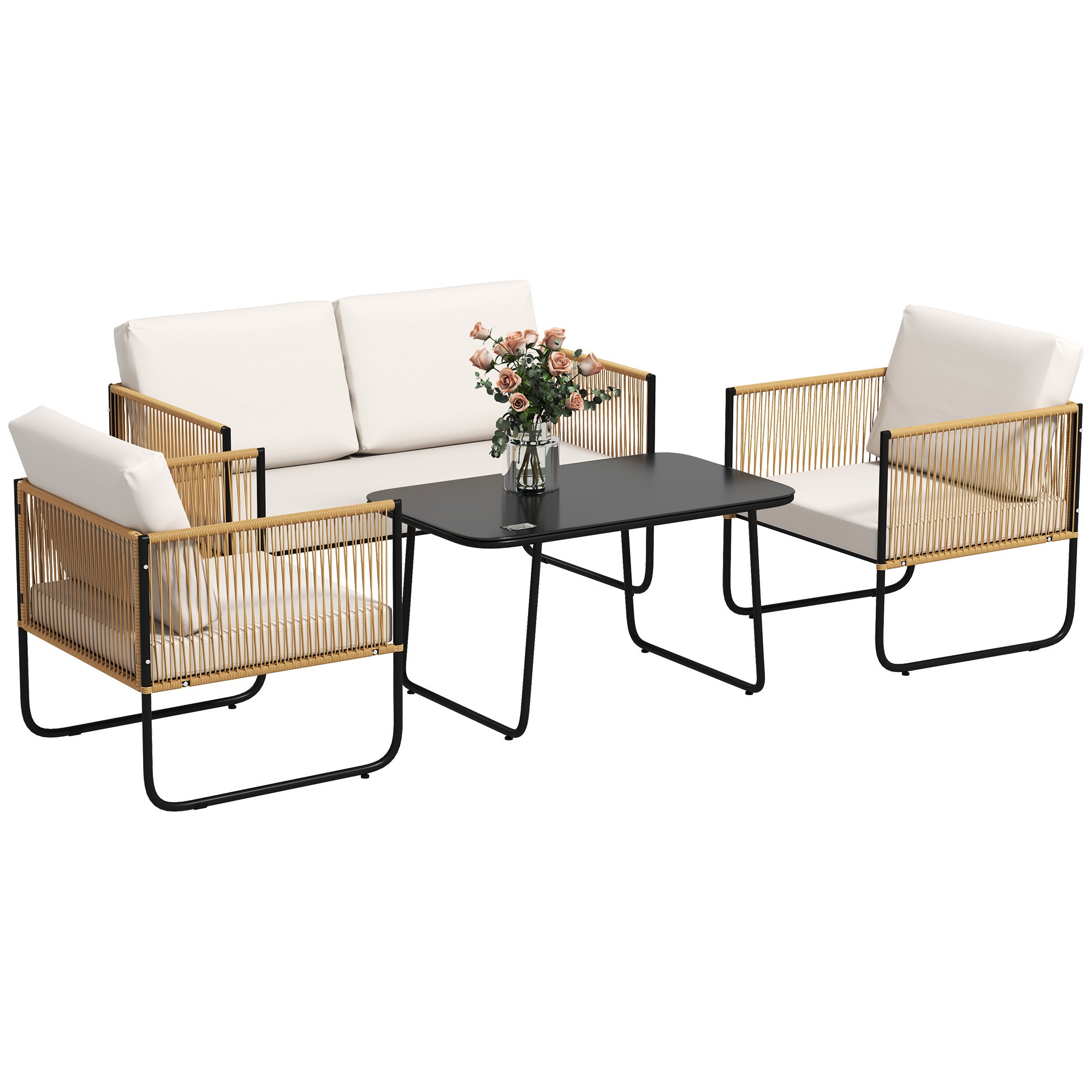 Outdoor 4-Person Garden Set, Balcony Rattan Lounge with 2-Seater Sofa, Armchairs, Tempered Glass Coffee Table, Removable Cushions Included, Cream
