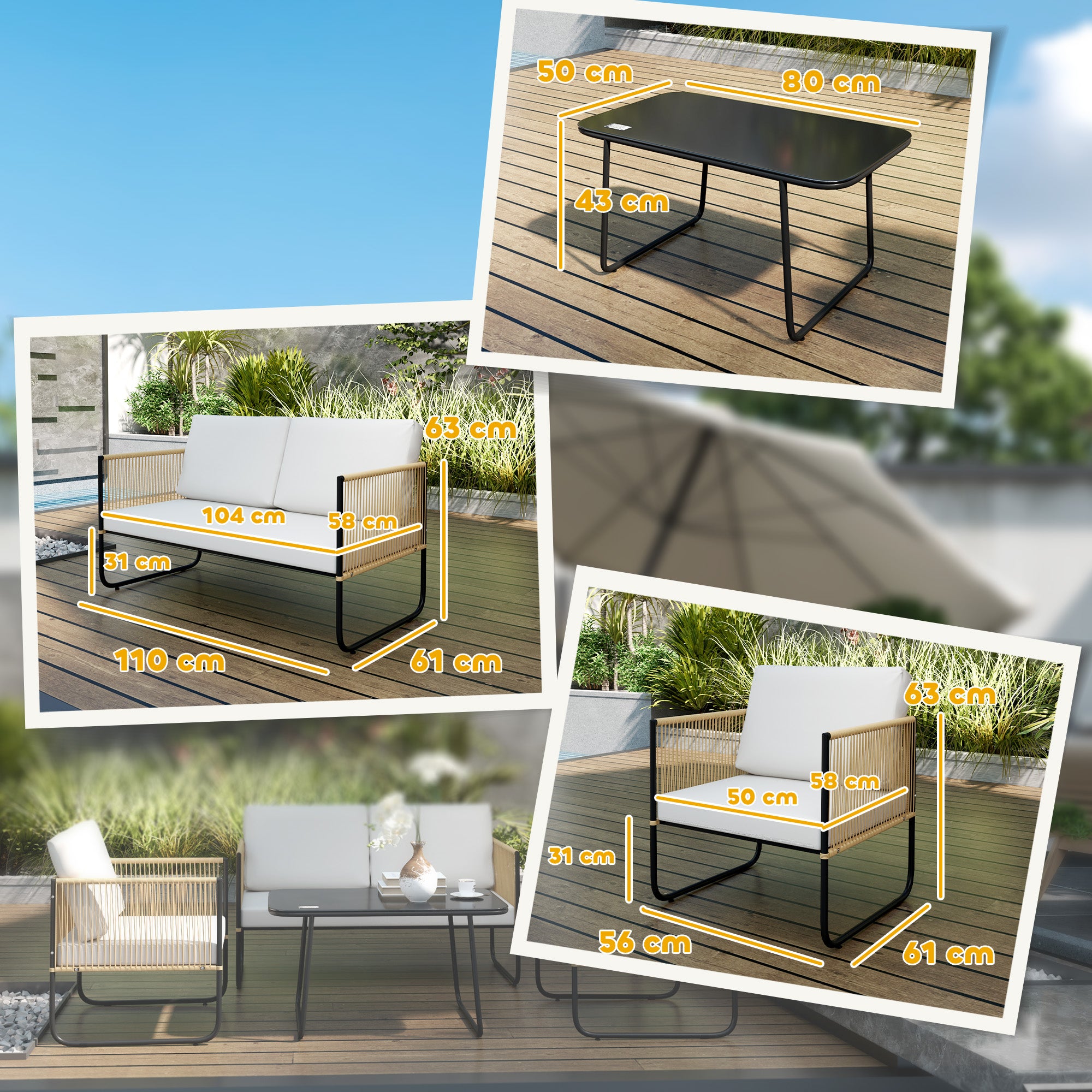 Outdoor 4-Person Garden Set, Balcony Rattan Lounge with 2-Seater Sofa, Armchairs, Tempered Glass Coffee Table, Removable Cushions Included, Cream