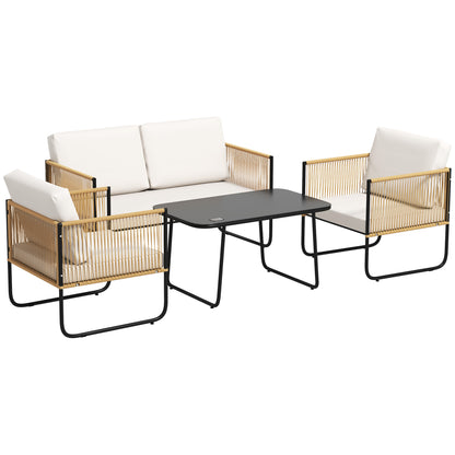 Outdoor 4-Person Garden Set, Balcony Rattan Lounge with 2-Seater Sofa, Armchairs, Tempered Glass Coffee Table, Removable Cushions Included, Cream