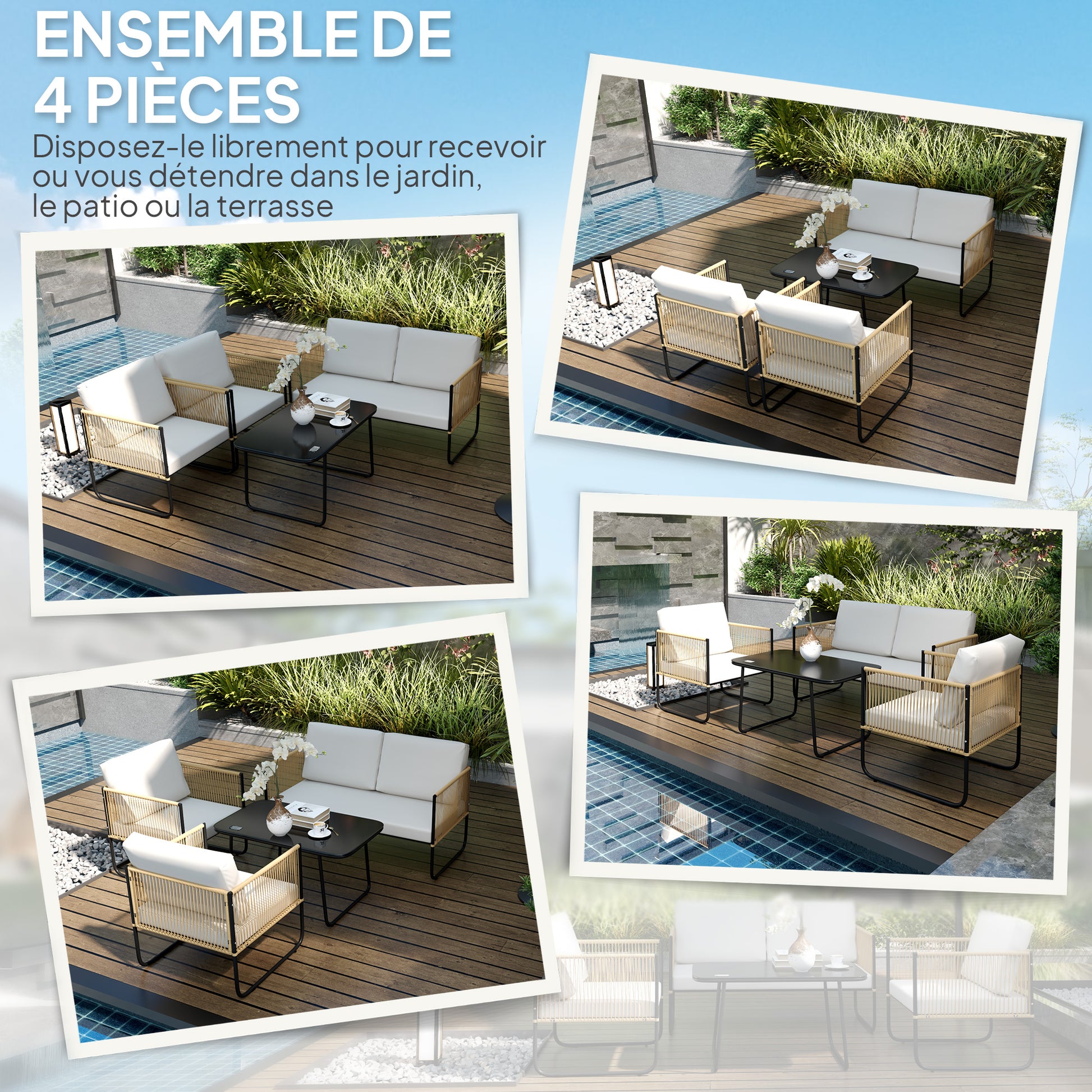 Outdoor 4-Person Garden Set, Balcony Rattan Lounge with 2-Seater Sofa, Armchairs, Tempered Glass Coffee Table, Removable Cushions Included, Cream