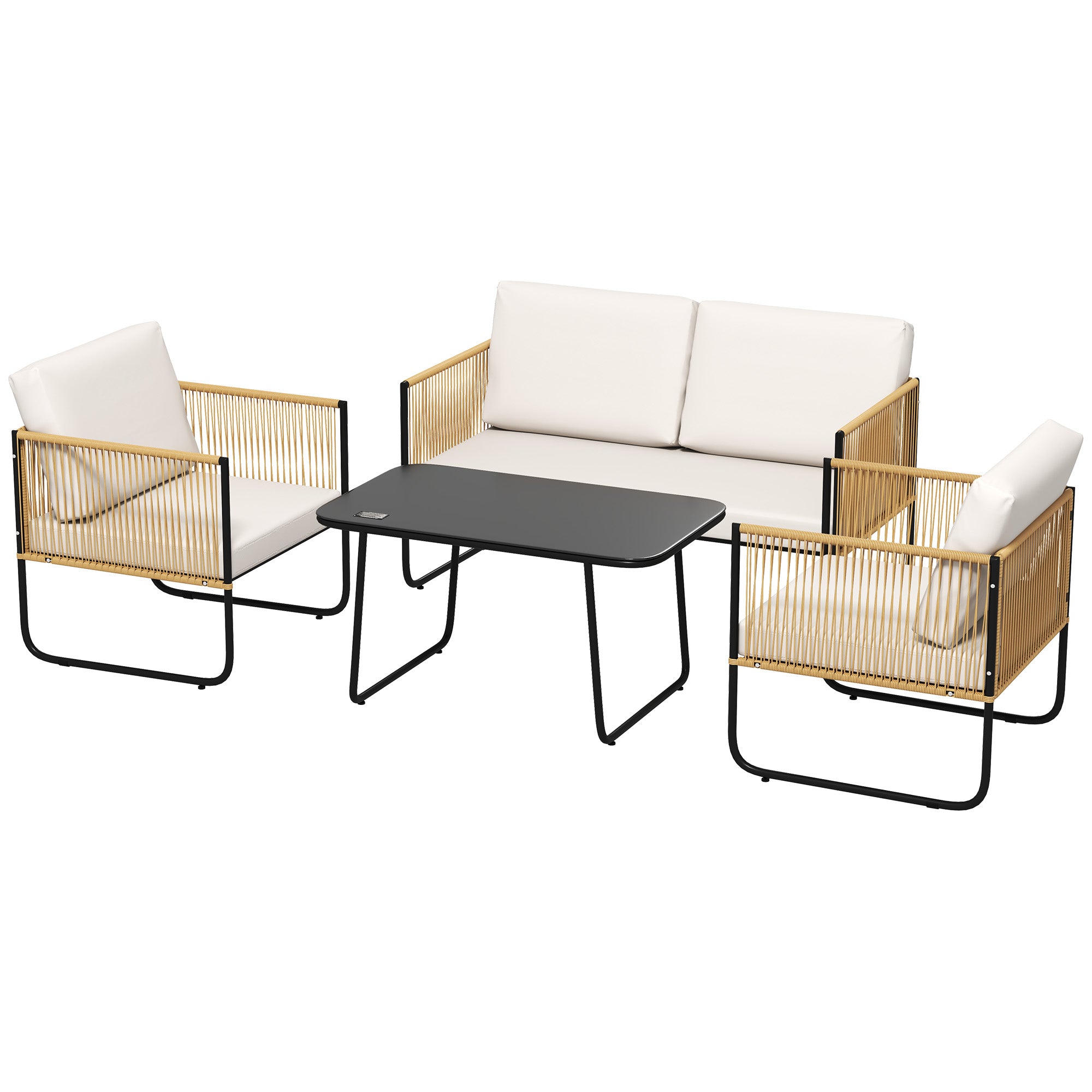 Outdoor 4-Person Garden Set, Balcony Rattan Lounge with 2-Seater Sofa, Armchairs, Tempered Glass Coffee Table, Removable Cushions Included, Cream