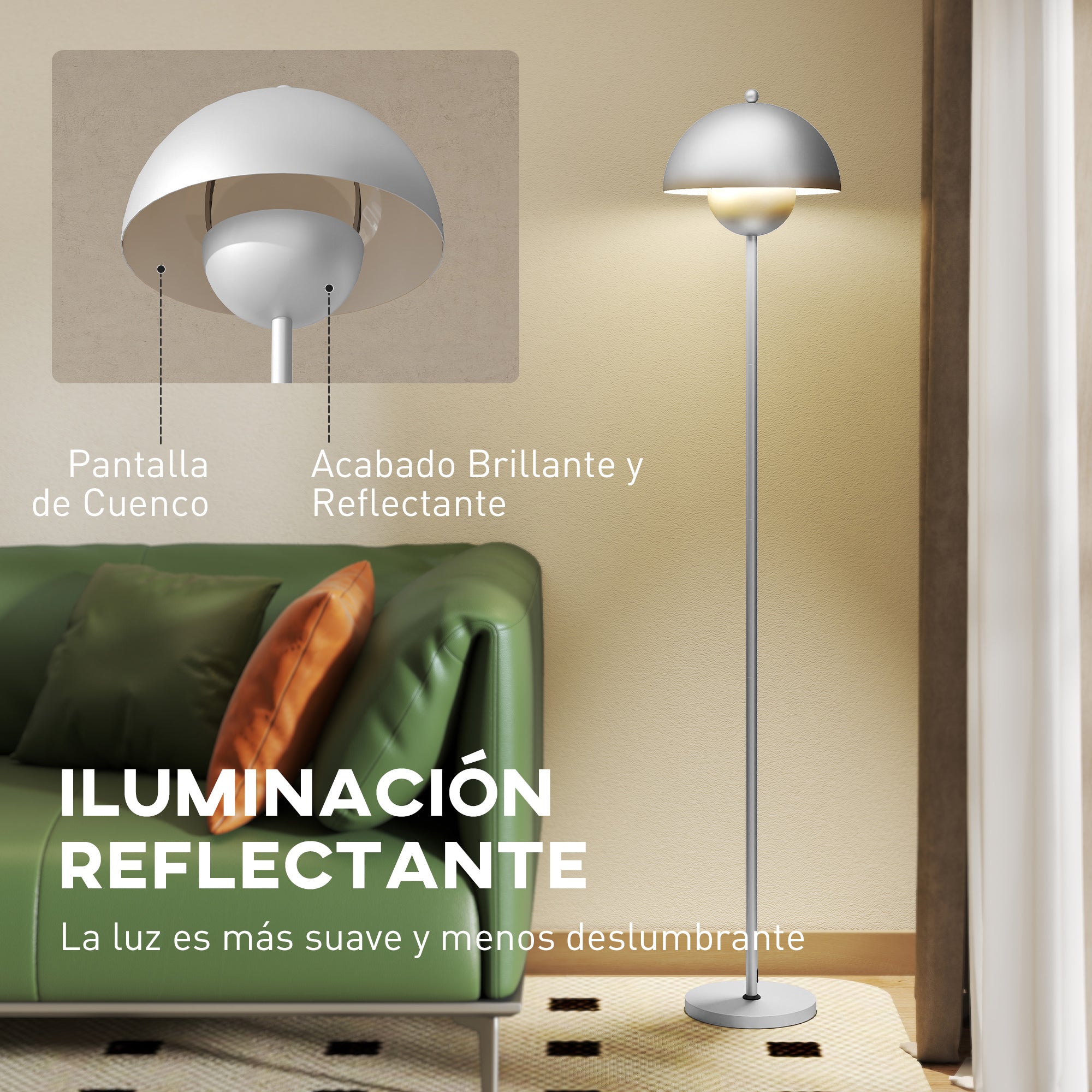 Modern 155 cm Floor Lamp Floor Lamp for Living Room with Bowl Shade Reflecting Light Foot Switch E27 Socket Bulb Not Included for Bedroom Office Living Room Silver