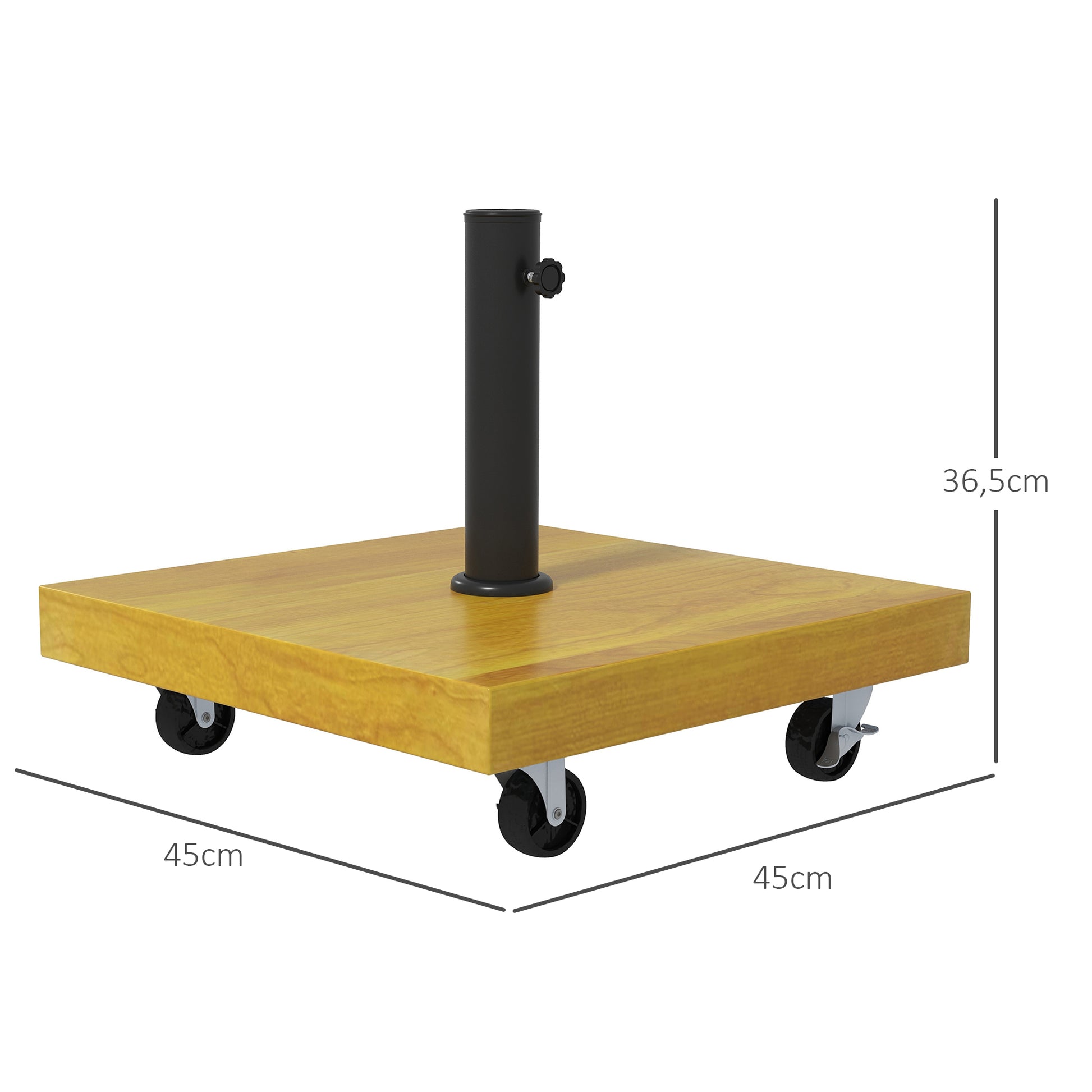 Square Parasol Stand Base - net weight 25kg metal with 4 wheels - dim. 45L x 45W x 36.5H cm for pole Ø34, Ø38, and Ø48mm