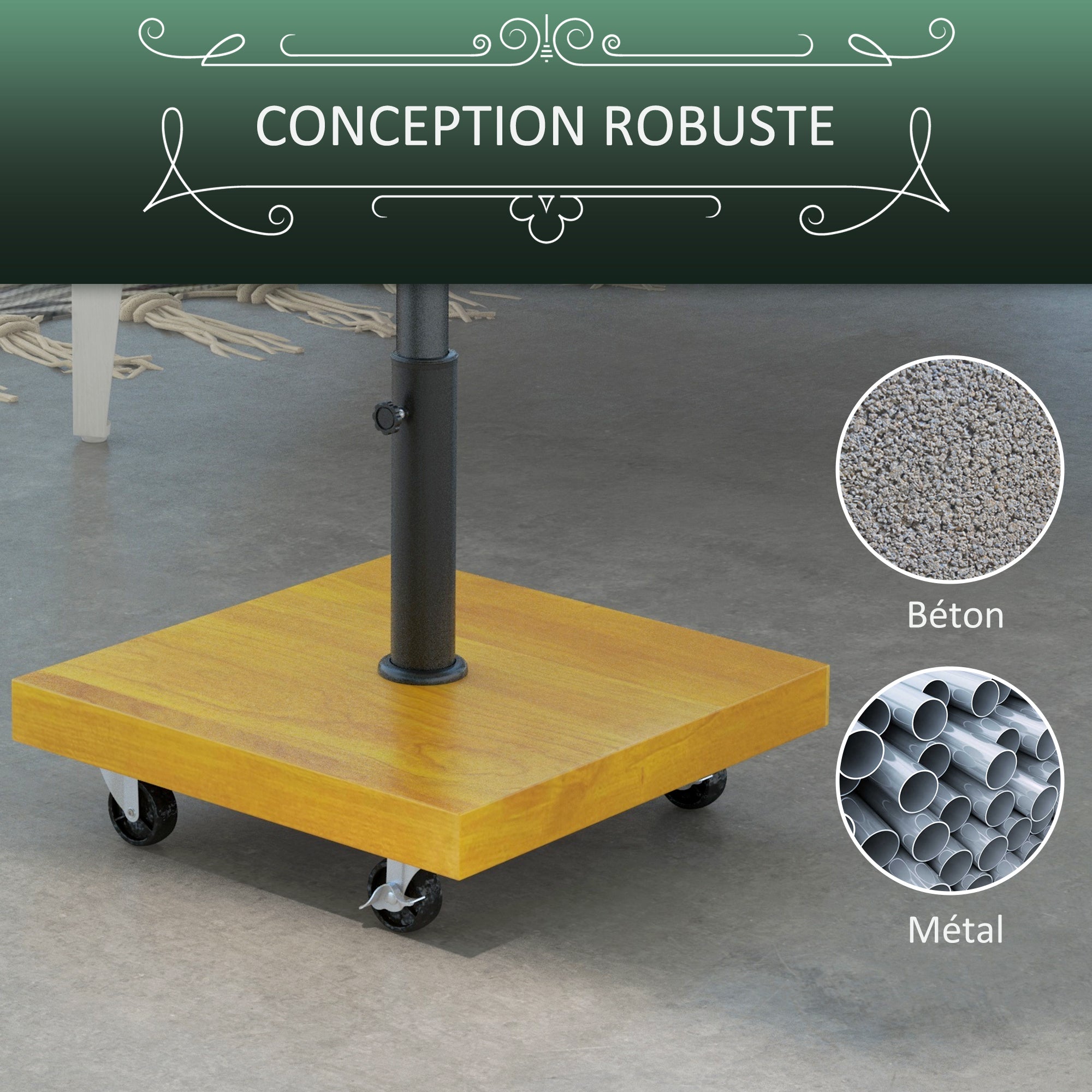 Square Parasol Stand Base - net weight 25kg metal with 4 wheels - dim. 45L x 45W x 36.5H cm for pole Ø34, Ø38, and Ø48mm