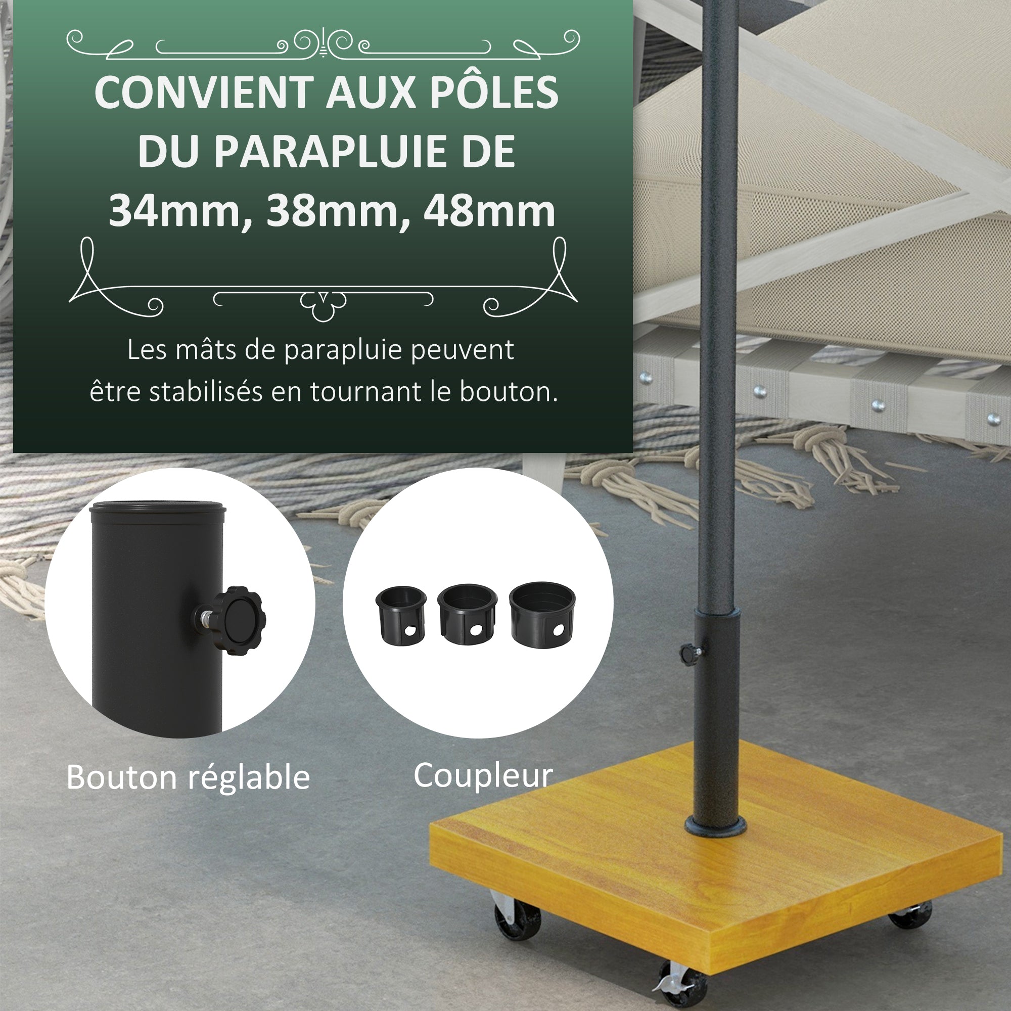 Square Parasol Stand Base - net weight 25kg metal with 4 wheels - dim. 45L x 45W x 36.5H cm for pole Ø34, Ø38, and Ø48mm