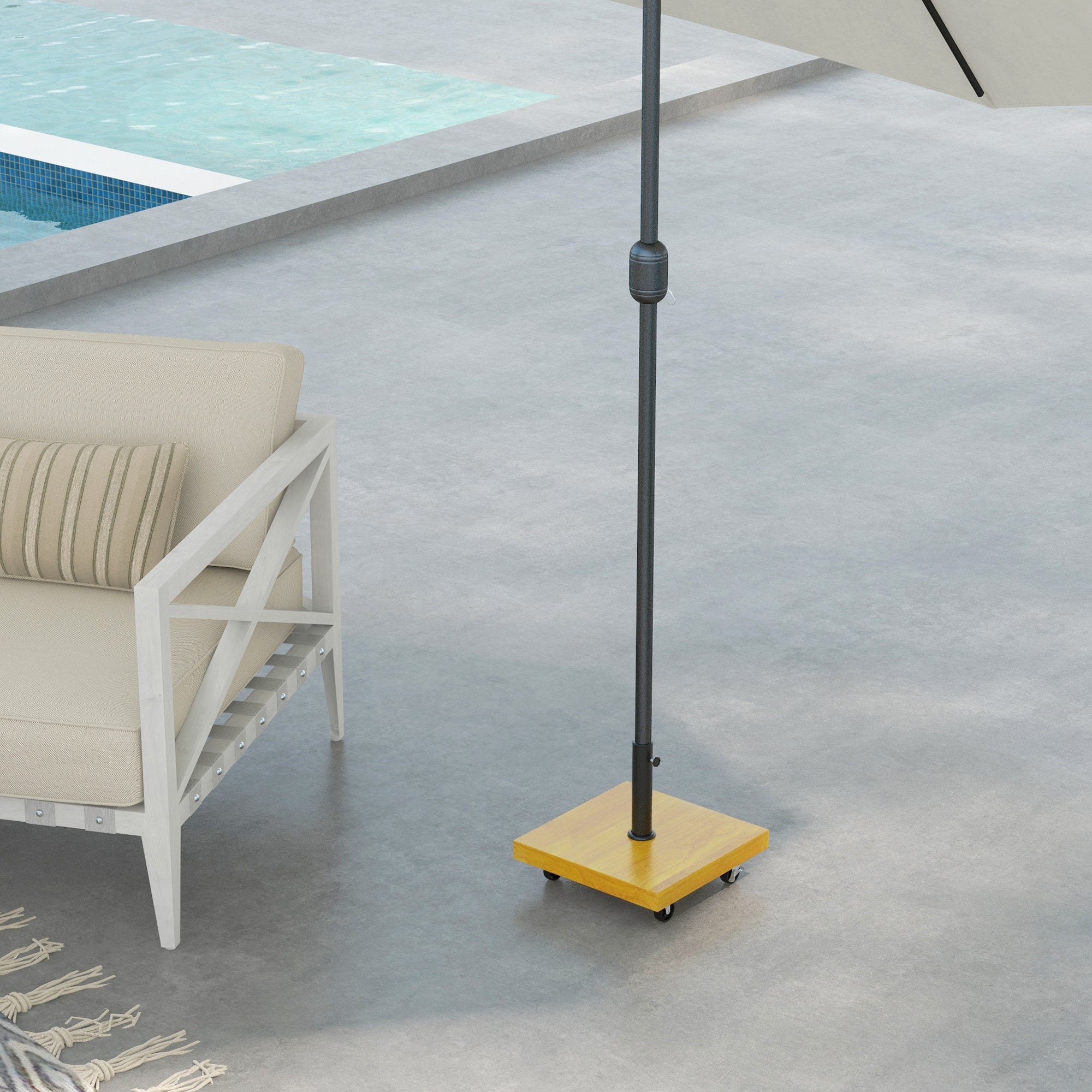 Square Parasol Stand Base - net weight 25kg metal with 4 wheels - dim. 45L x 45W x 36.5H cm for pole Ø34, Ø38, and Ø48mm